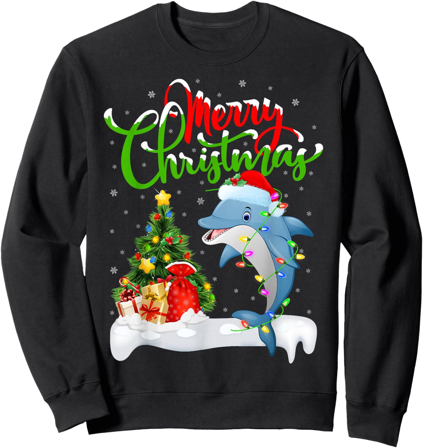 Funny Dolphin Fish Lover Xmas Lighting Dolphin Christmas Sweatshirt - Sweatshirt | Black