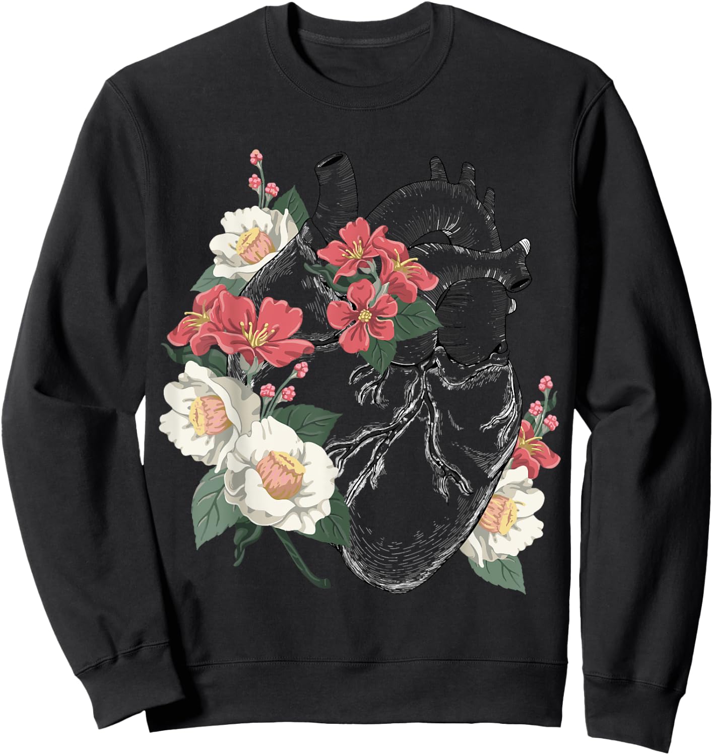 Anatomical Heart and Flowers Anatomy Heart Cute Cardiologist Sweatshirt - Sweatshirt | Black