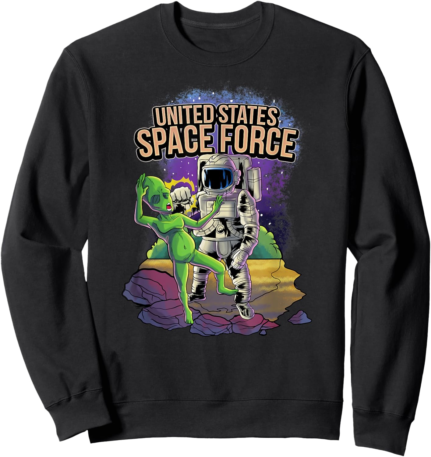 Funny Alien Punched By United States Space Force Astronauts Sweatshirt - Sweatshirt | Black