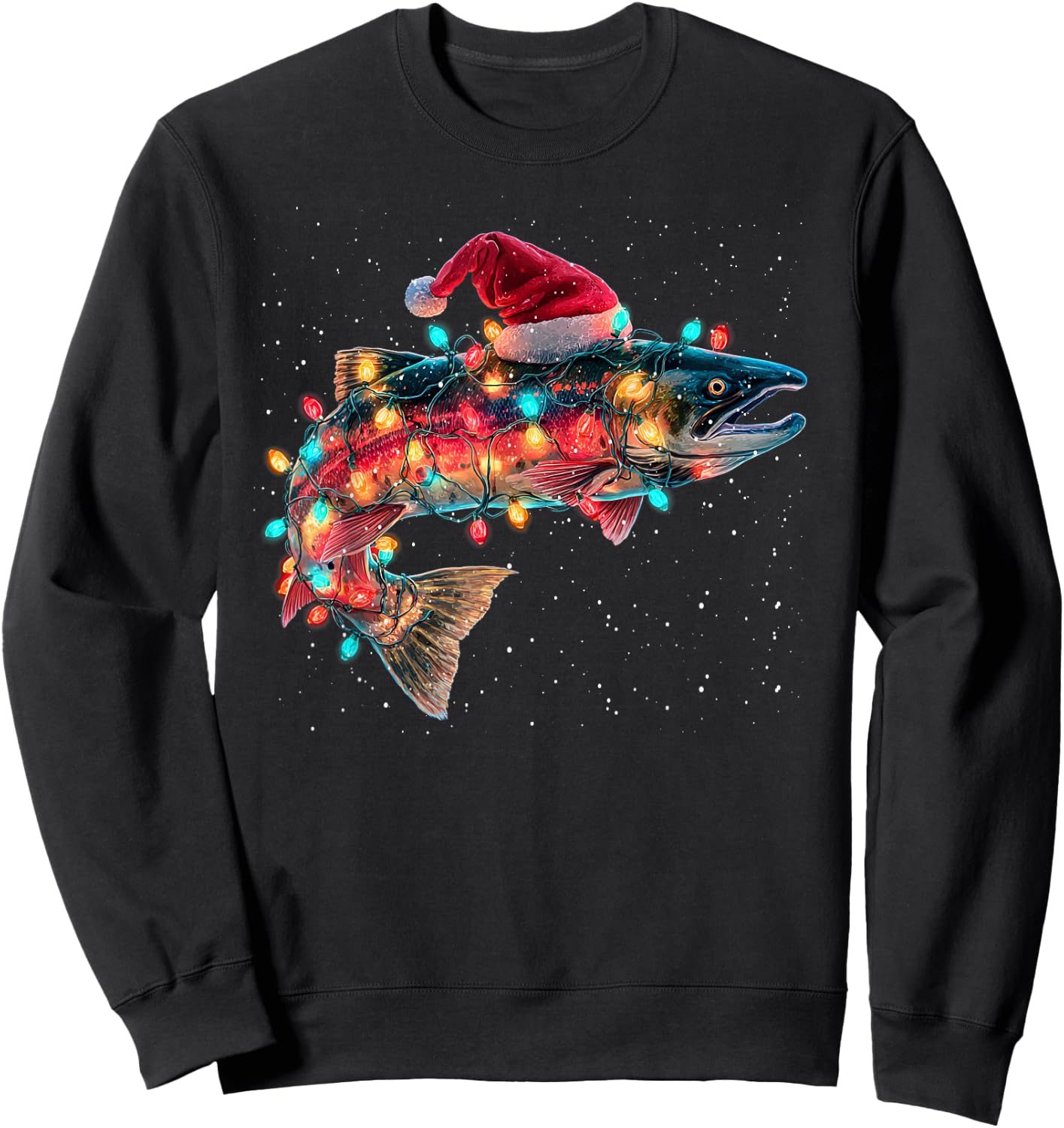 Christmas Trout Fish Funny Fishing Santa Hat Lights Sweatshirt - Sweatshirt | Black