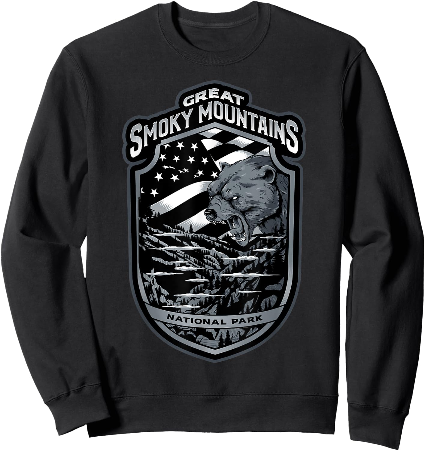 Great Smoky Mountains Vacation Souvenirs Gifts Bear USA Flag Sweatshirt - Sweatshirt | Black