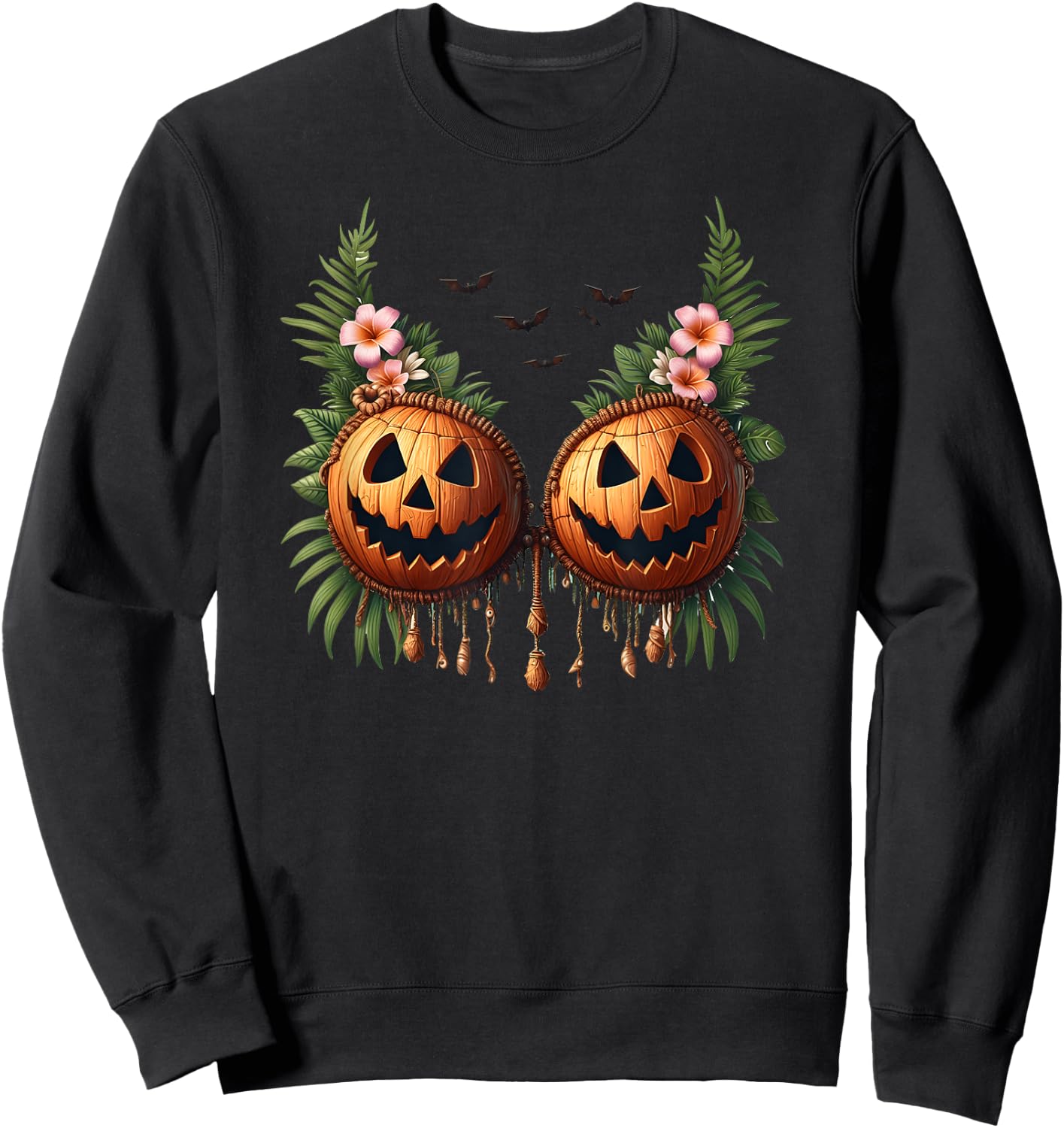 Hawaiian Coconut Shell Bra Pumpkin Jack O Lantern Halloween Sweatshirt - Sweatshirt | Black