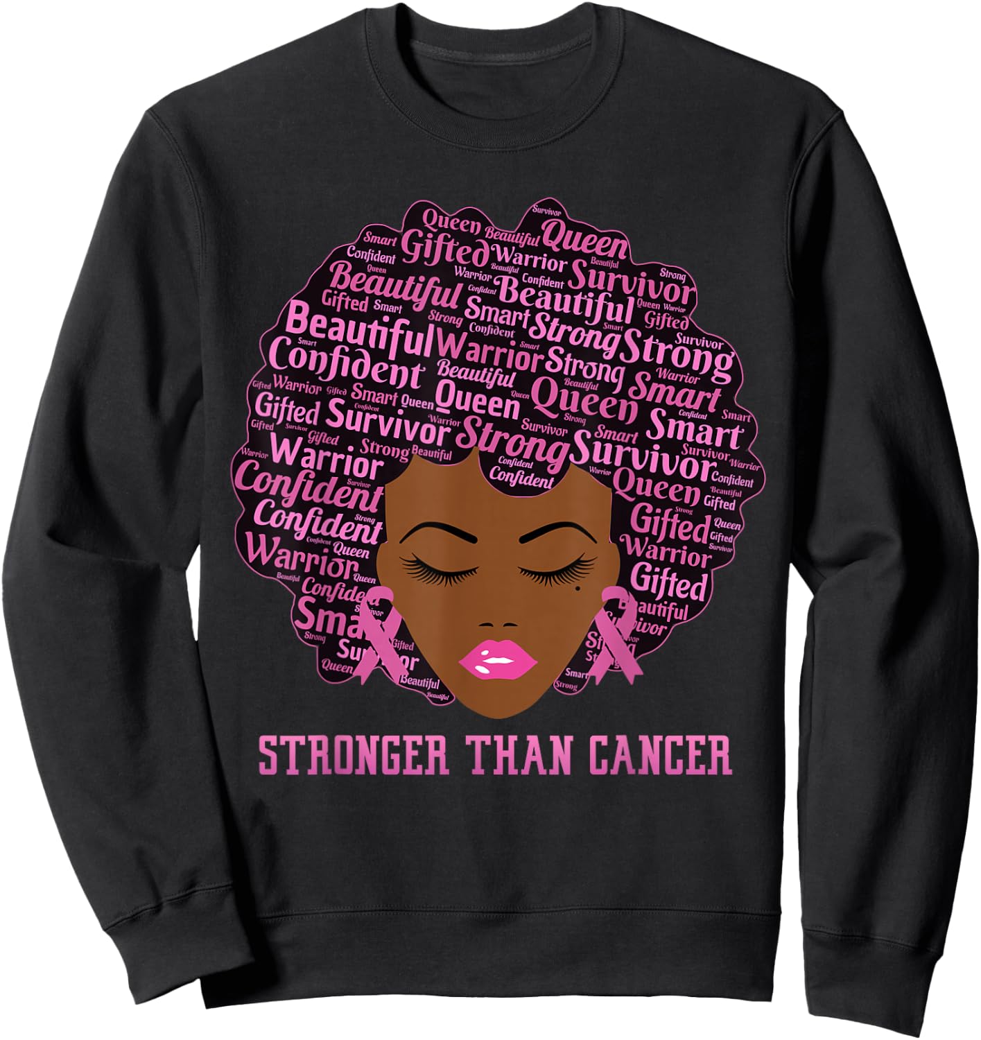 Black Women Queen Stronger Than Breast Cancer Pink Ribbon Sweatshirt - Sweatshirt | Black
