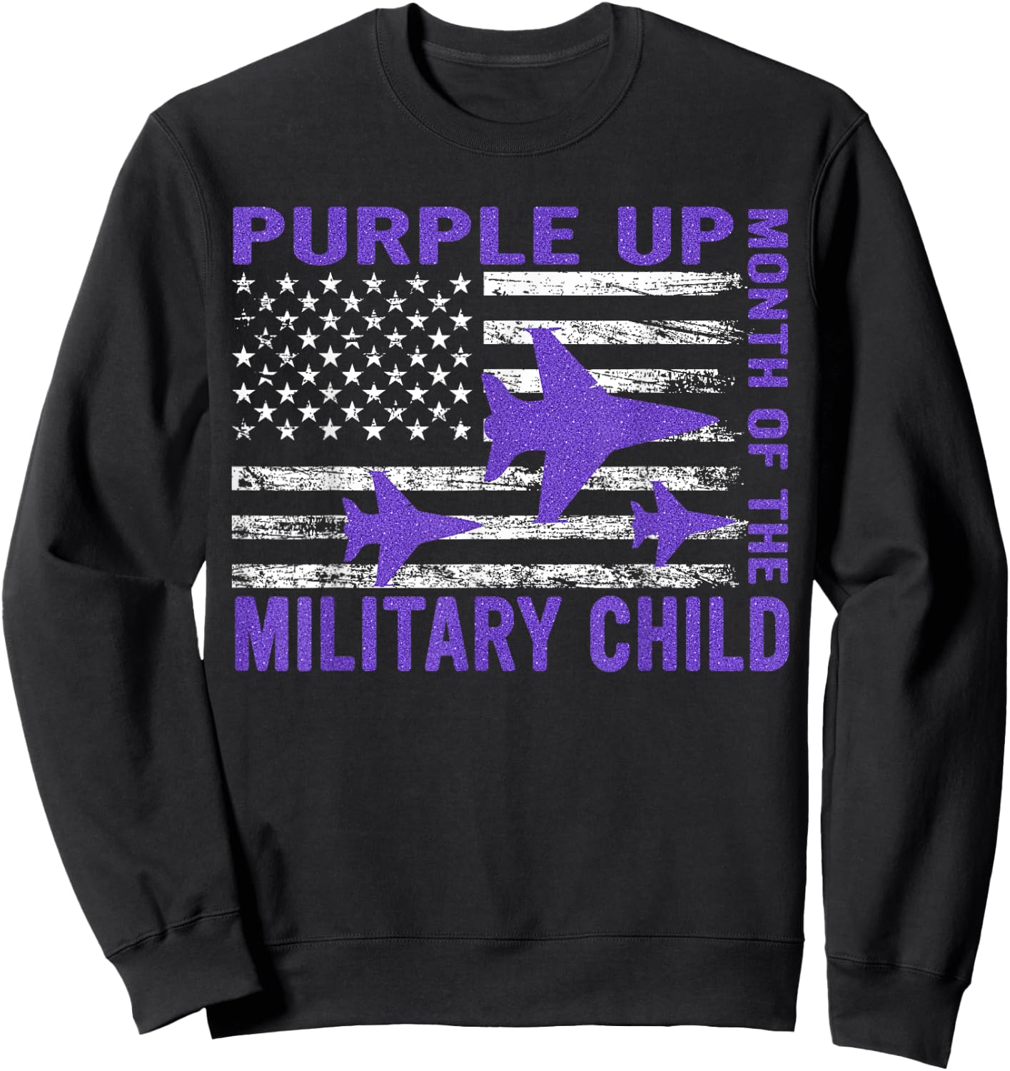 Purple Up Military Child Month USA Flag Sweatshirt - Sweatshirt | Black