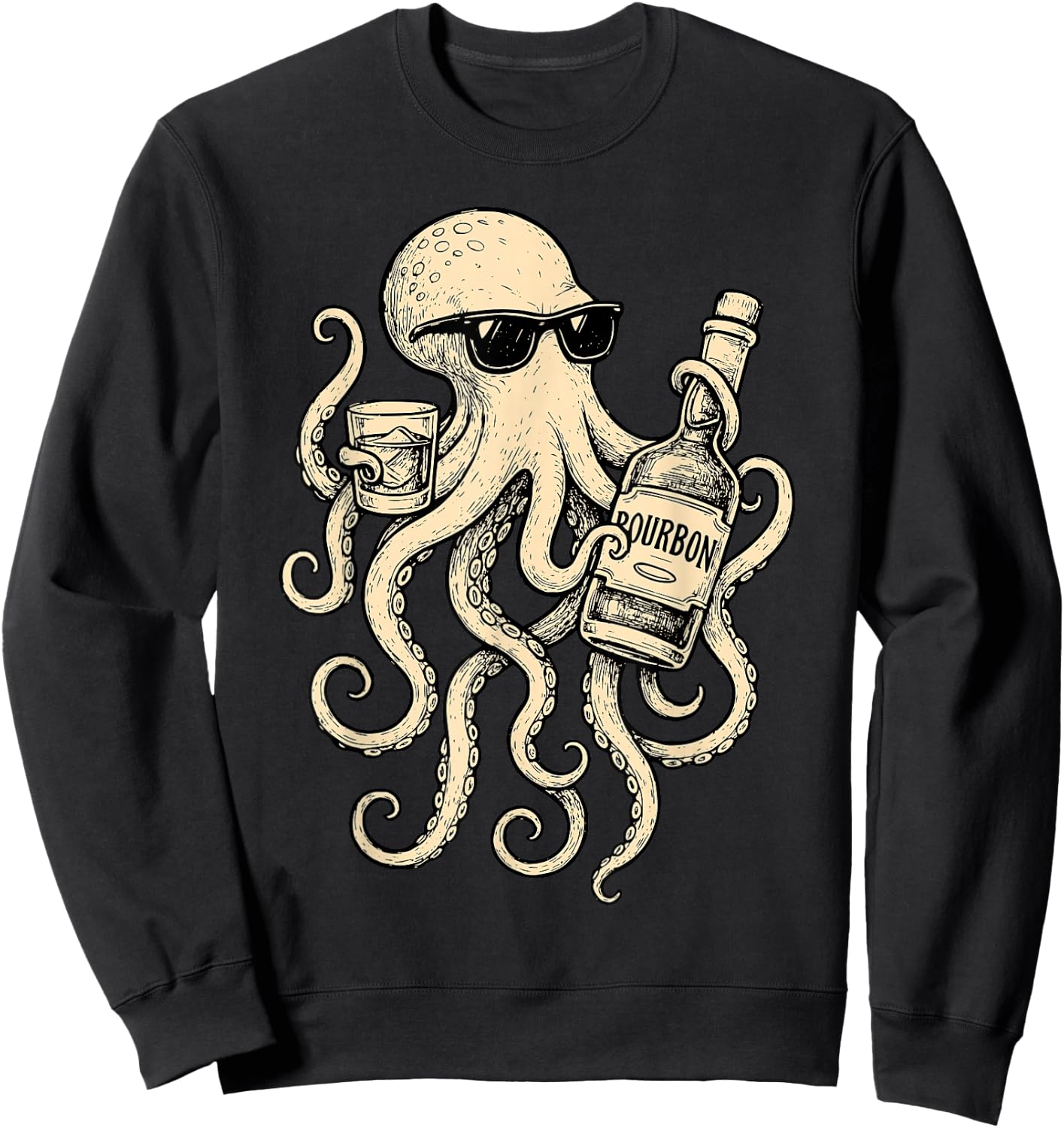 Vintage Octopus Drinking Bourbon Whiskey Bartending Drinker Sweatshirt - Sweatshirt | Black