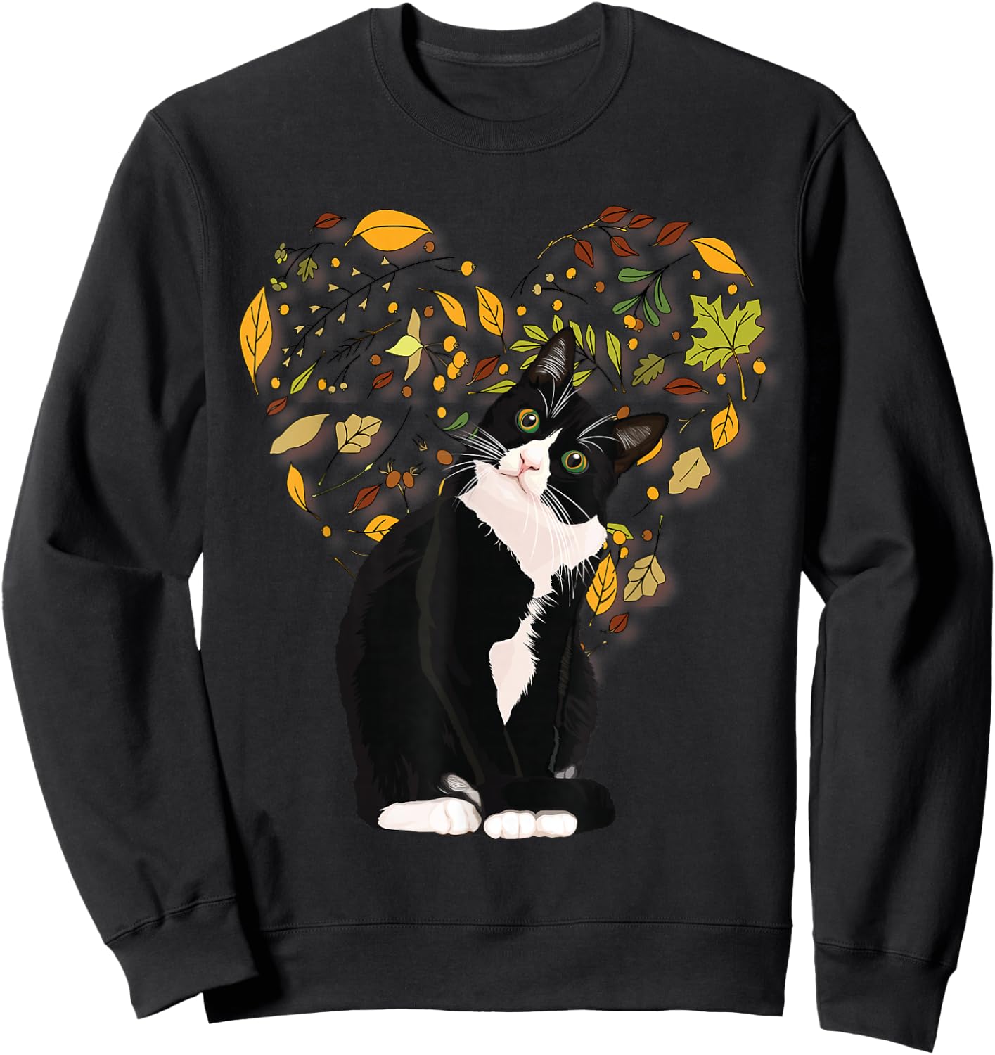 Tuxedo Cat t Shirt Gift Autumn Fall Leaves Black and White Sweatshirt - Sweatshirt | Black