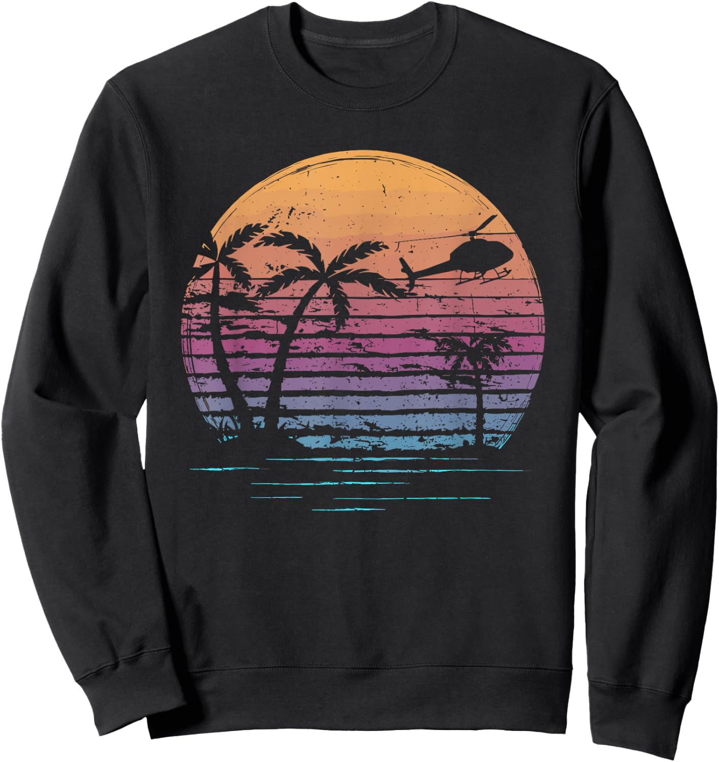 Aviator Helicopter Pilot Vintage Retro Palm Tree Sunset Sweatshirt - Sweatshirt | Black