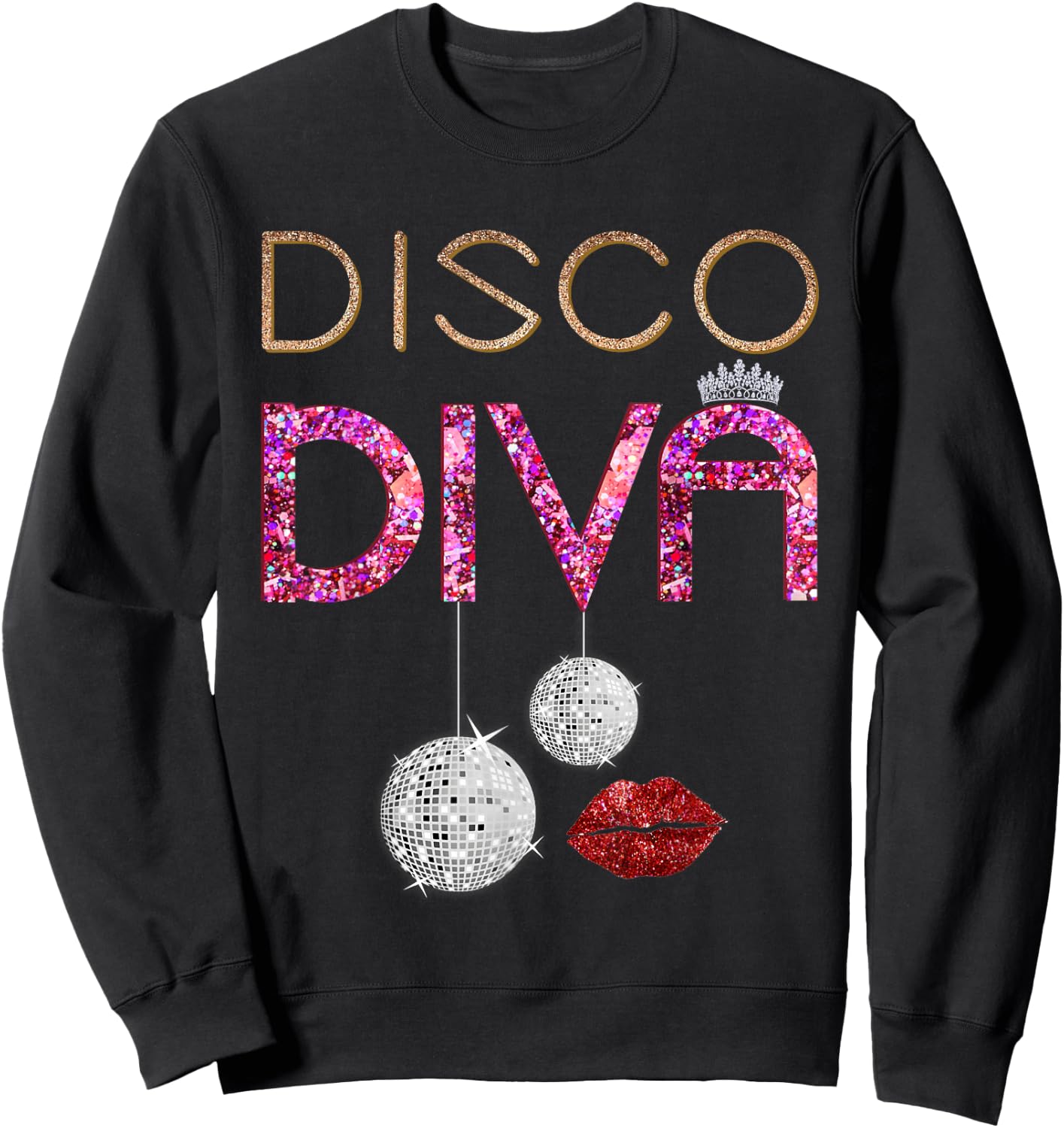 Disco Diva Ladies Disco Gold Ball Silver Red Lips Sweatshirt - Sweatshirt | Black