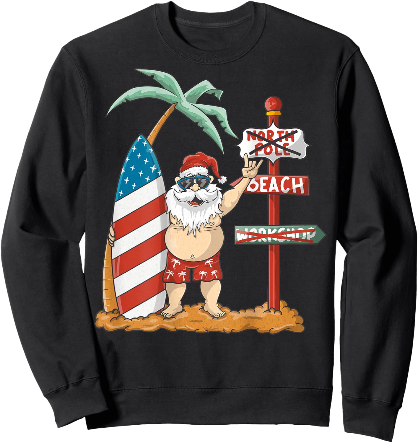 Surfing Santa With USA Patriotic Surfboard Christmas in July Women Kids Men Sweatshirt - Sweatshirt | Black