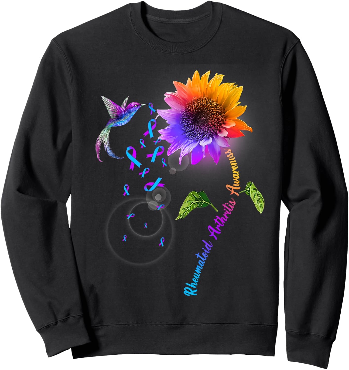 Rheumatoid Arthritis Awareness Sunflower Hummingbird Sweatshirt - Sweatshirt | Black