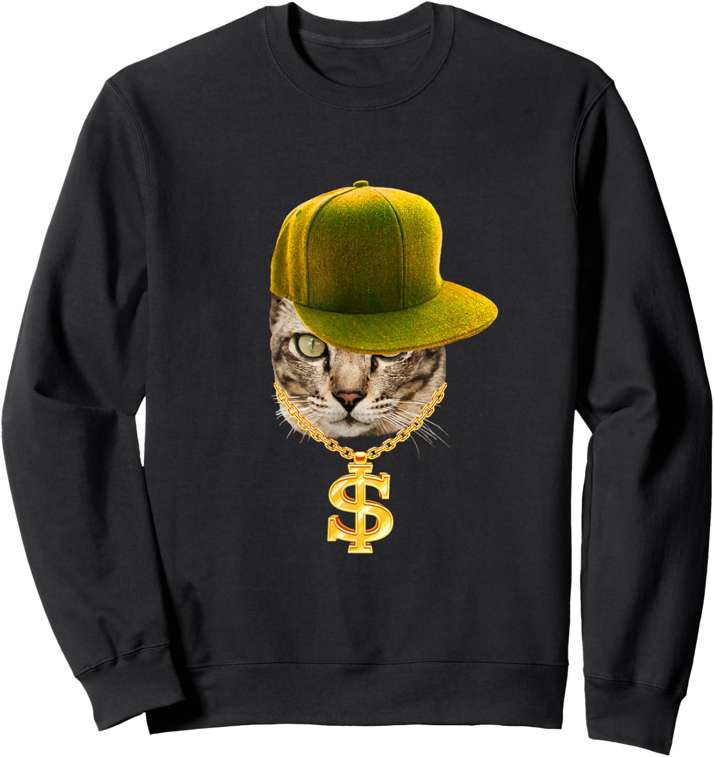 Rapper Cat with Cap and Chain Ghetto Hip Hop Culture Sweatshirt - Sweatshirt | Black