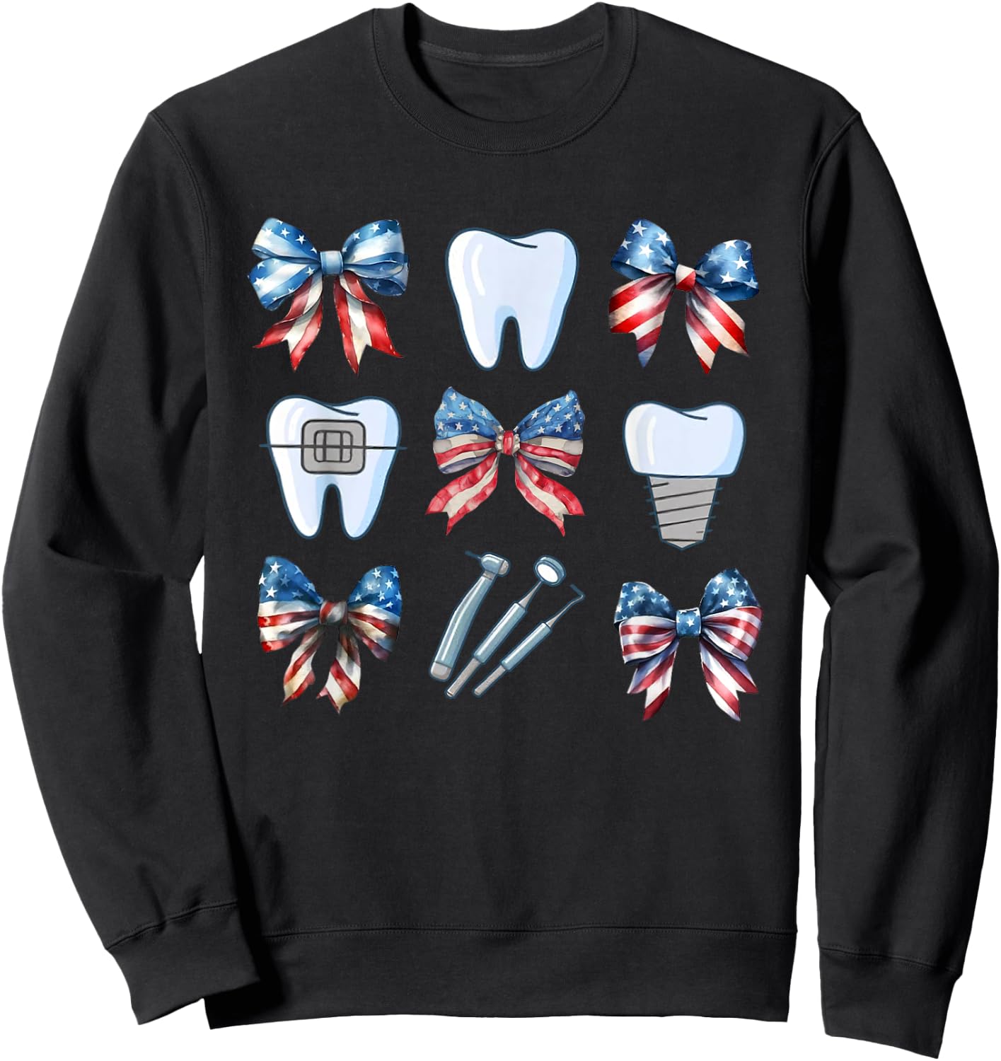 Cute Coquette Bows Teeth Dentist Funny 4th Of July Patriotic Women Men Sweatshirt - Sweatshirt | Black