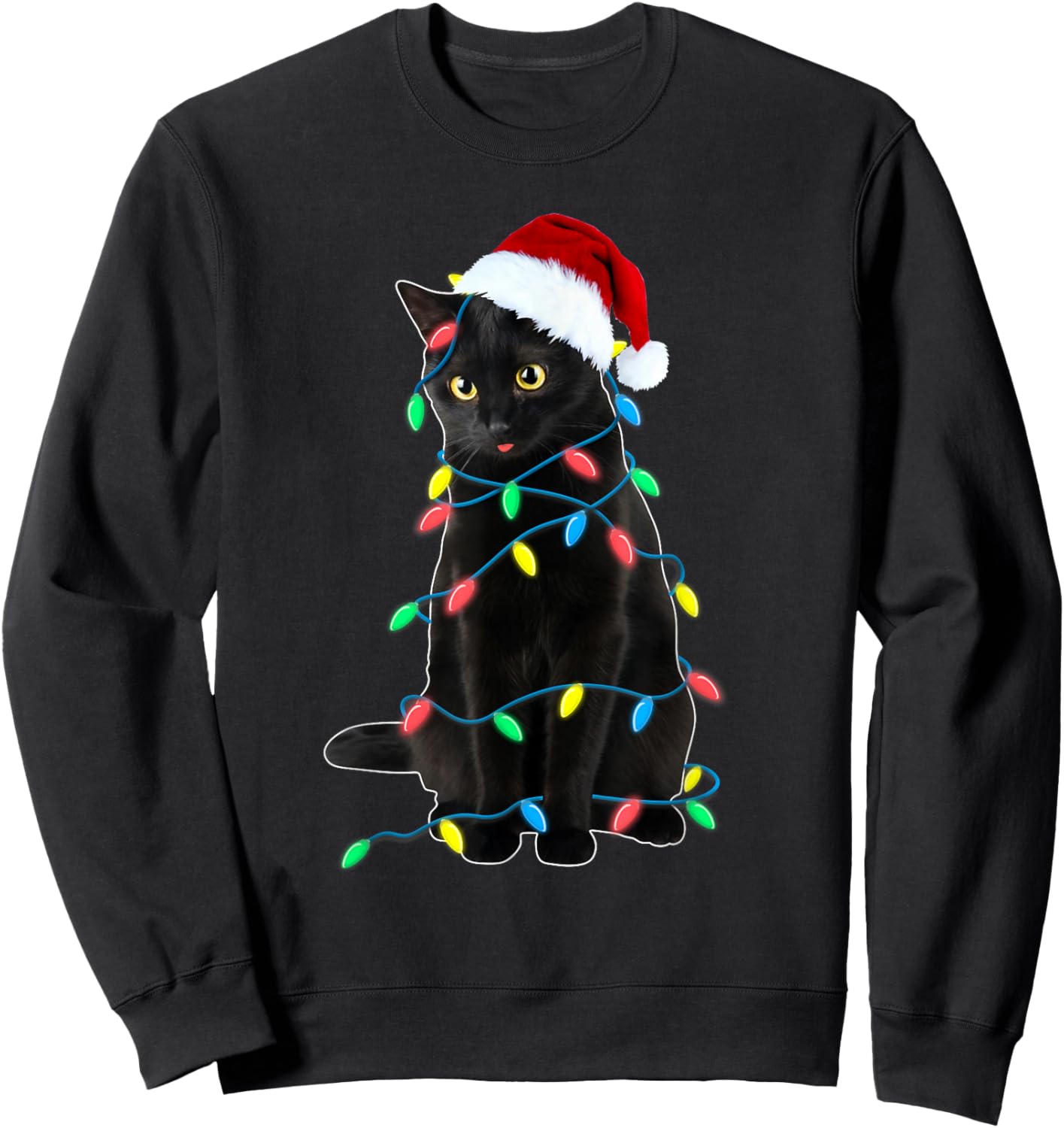 Black Cat Christmas Tree Lights Funny Santa Kitten Led Light Sweatshirt - Sweatshirt | Black
