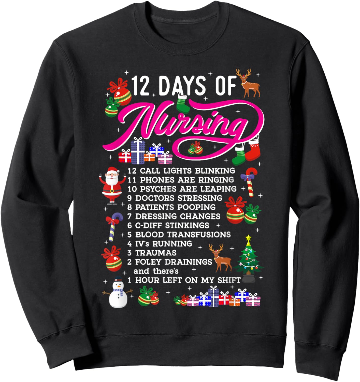 12 Days Of Nursing Merry Christmas Shirts Xmas Sweatshirt - Sweatshirt | Black