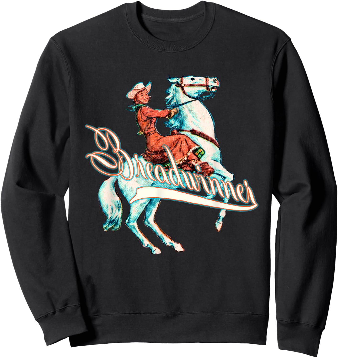 Breadwinner, Buckaroo Cowgirl on Horse, Retro Sweatshirt - Sweatshirt | Black