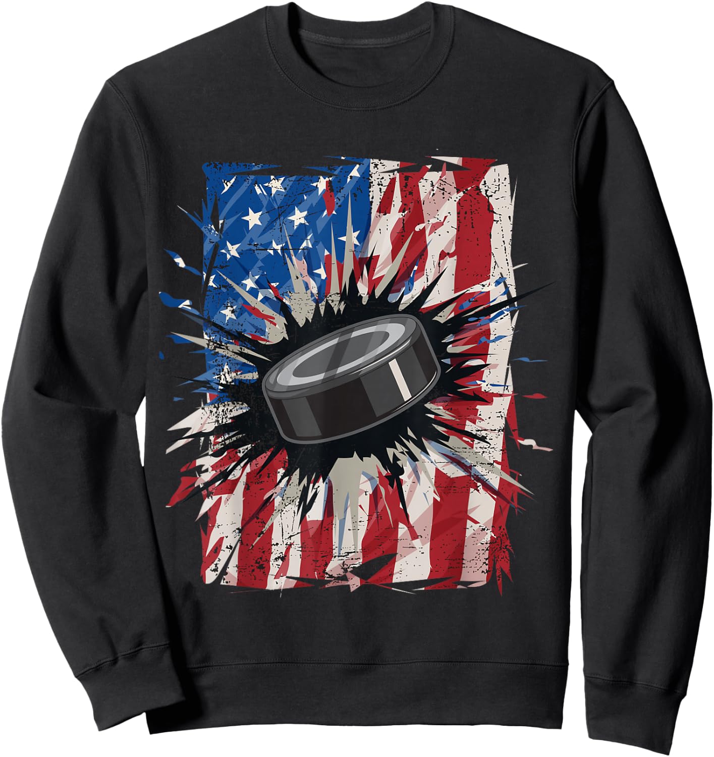 Patriotic Ice Hockey 4th of July Men USA American Flag Boys Small Sweatshirt - Sweatshirt | Black