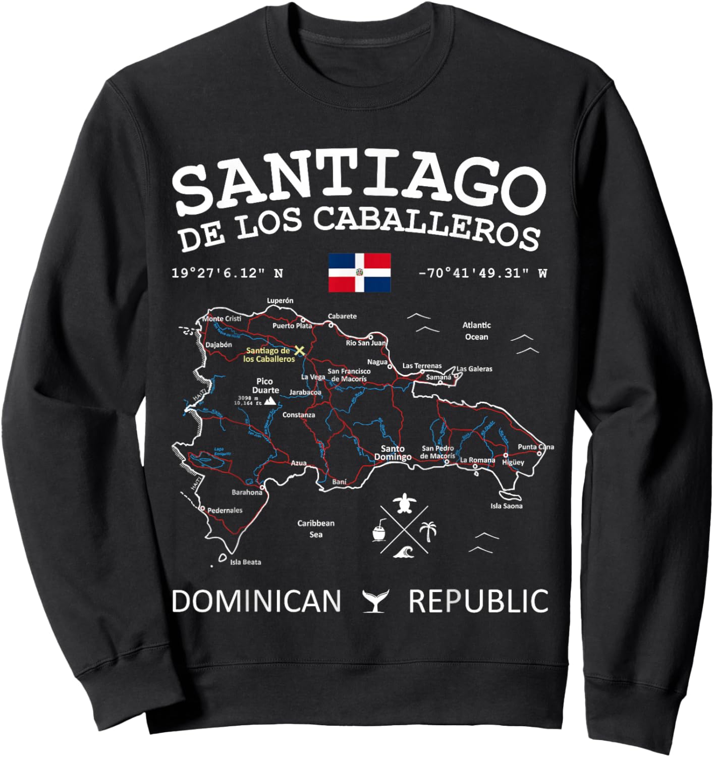 SANTIAGO de los Caballeros Dominican Republic Map Flag Sweatshirt - Sweatshirt | Black