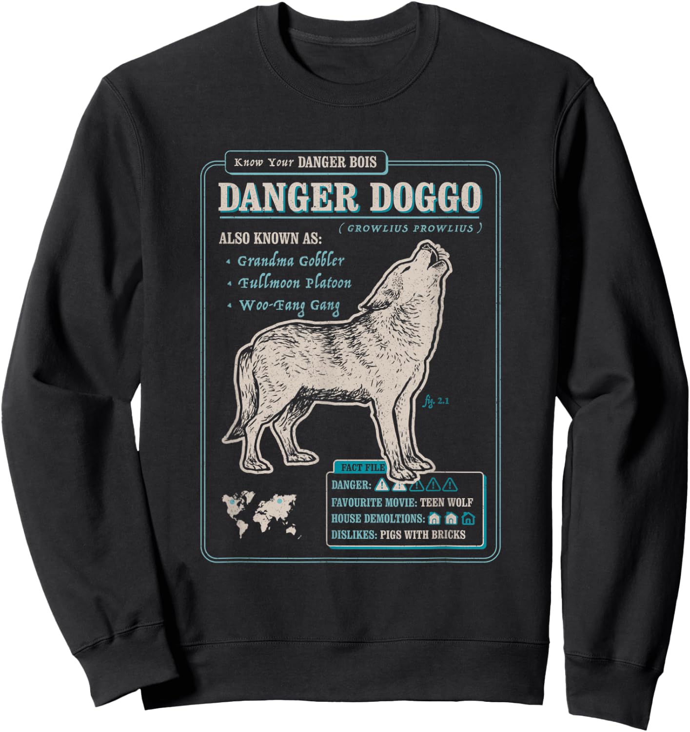Funny Wolf Fact File - Danger Doggo Sweatshirt - Sweatshirt | Black