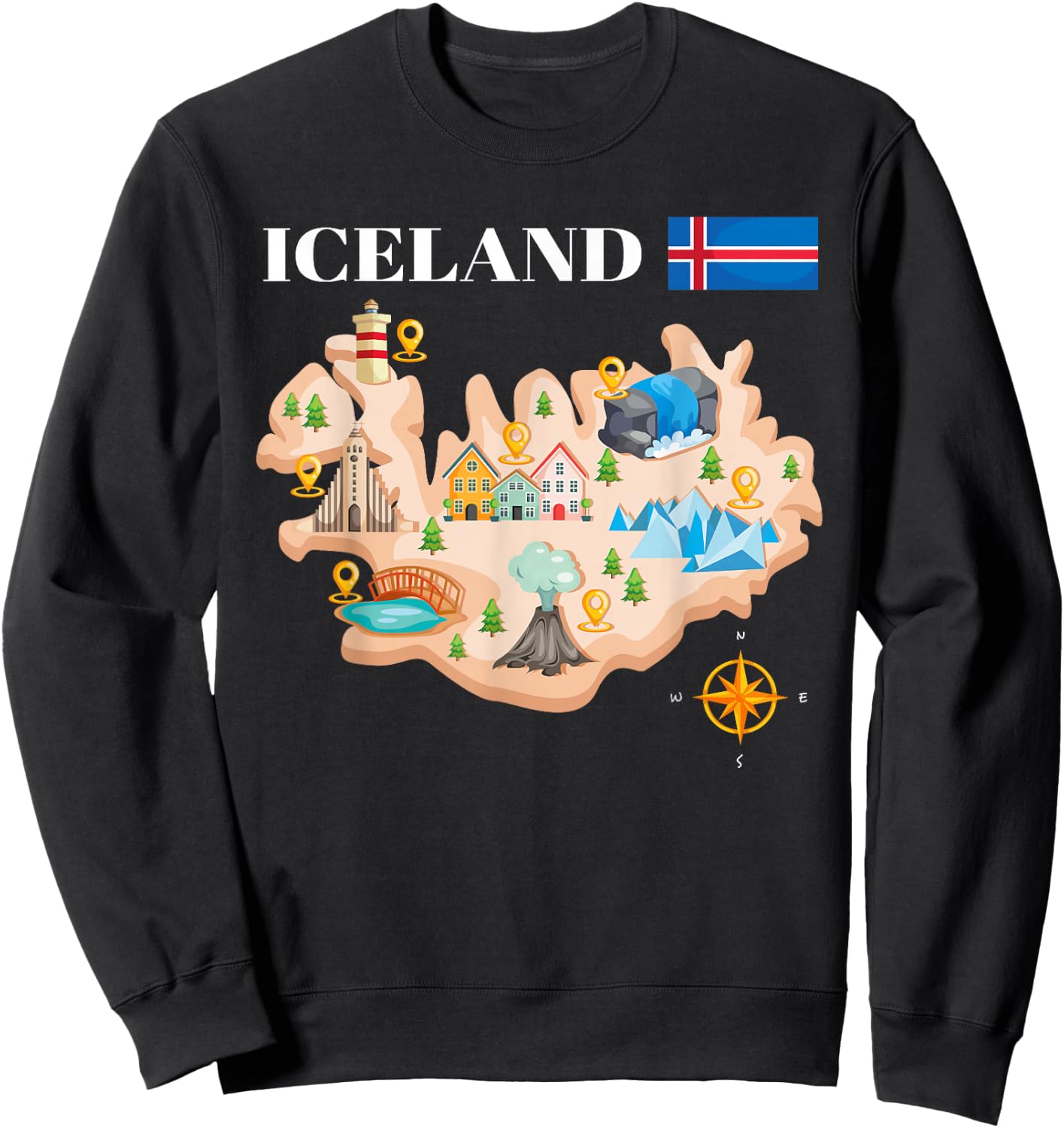 Iceland Map Souvenir Eyjafjallajokull Puffin Travel Sweatshirt - Sweatshirt | Black