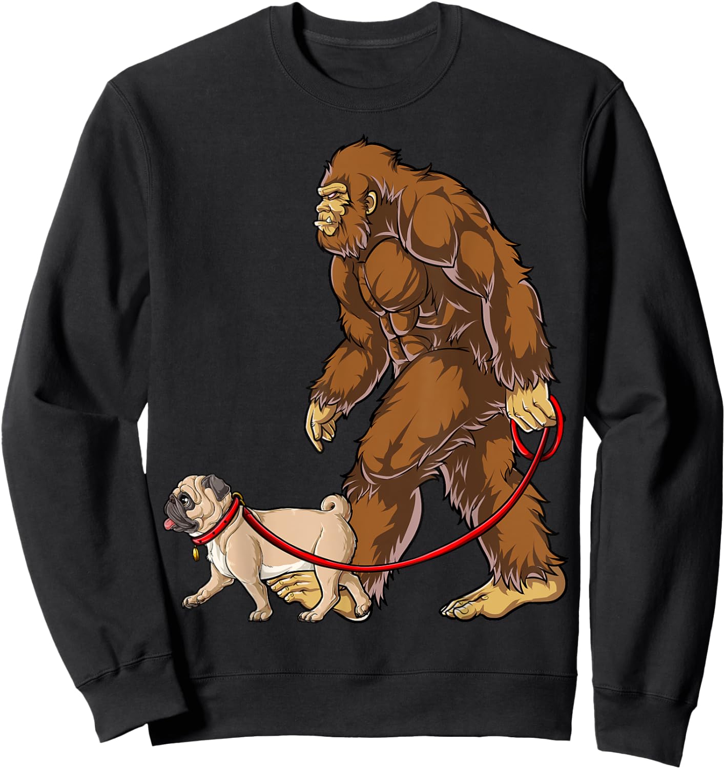 Bigfoot Dog Walk Pug Men Women Sasquatch Lover Gifts Funny Sweatshirt - Sweatshirt | Black