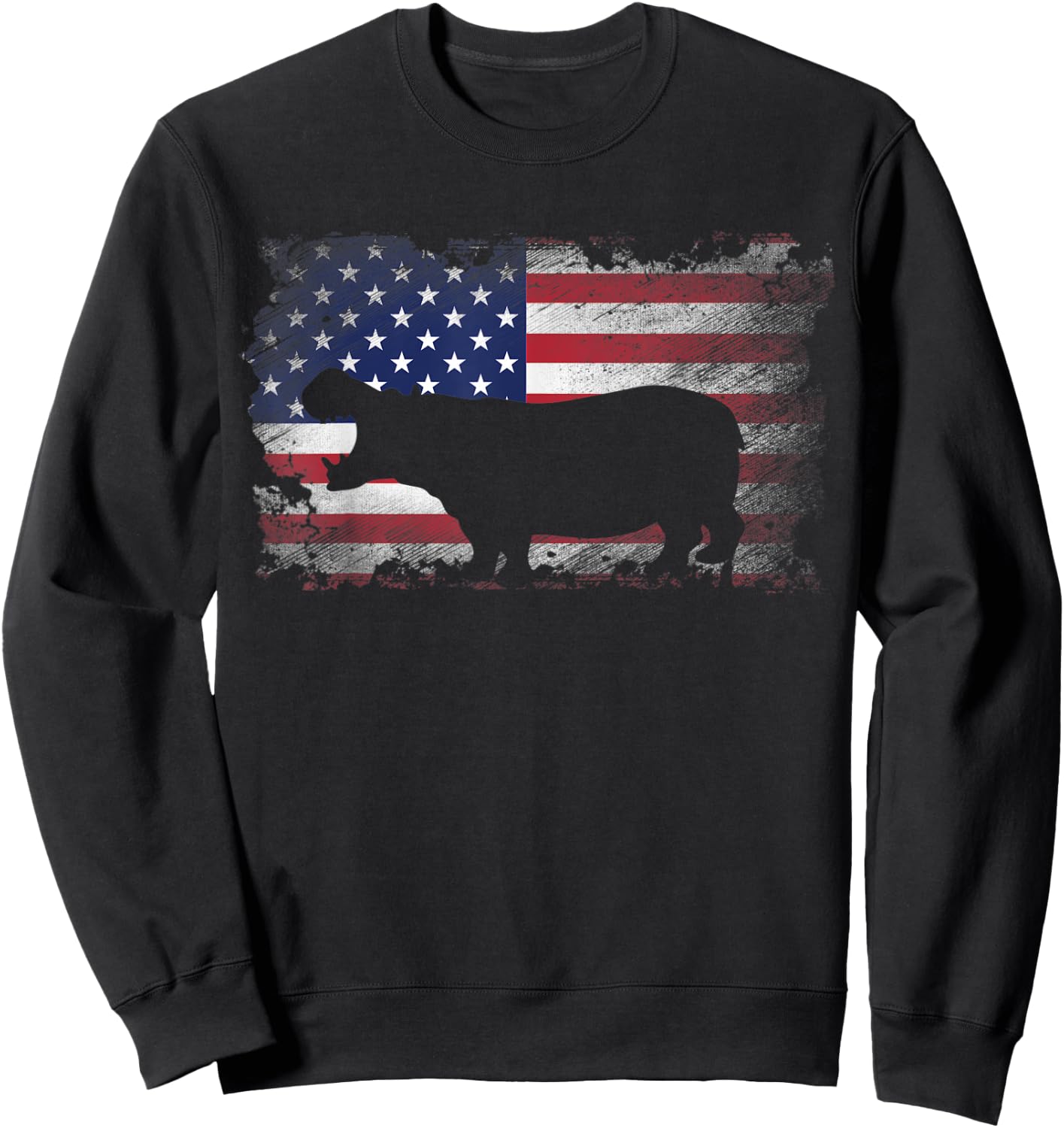 Patriotic Hippo American Flag Cool Wild Animals Lover Kids Men Sweatshirt - Sweatshirt | Black