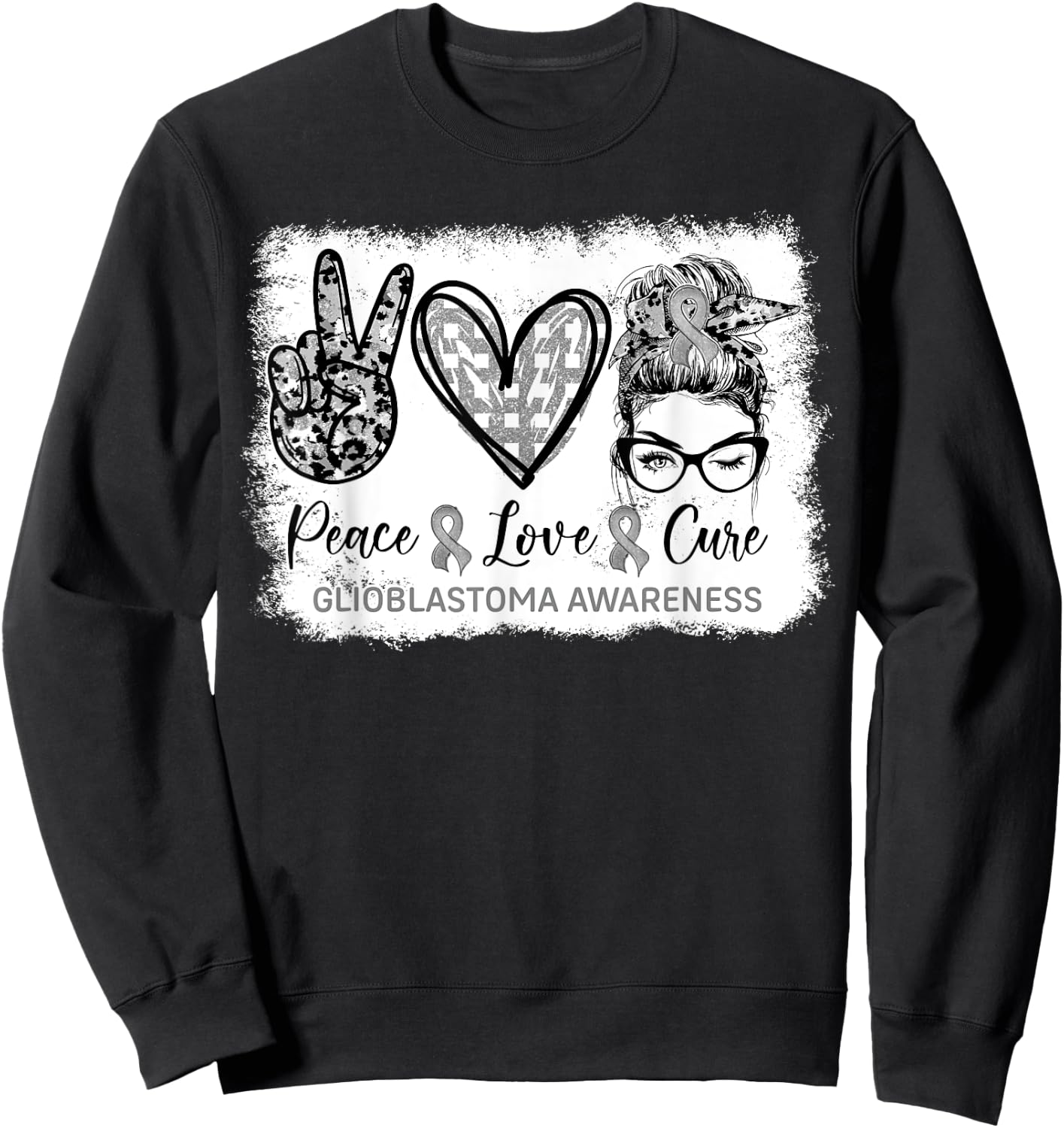 Messy Bun Peace Love Cure Gray Ribbon Glioblastoma Awareness Sweatshirt - Sweatshirt | Black