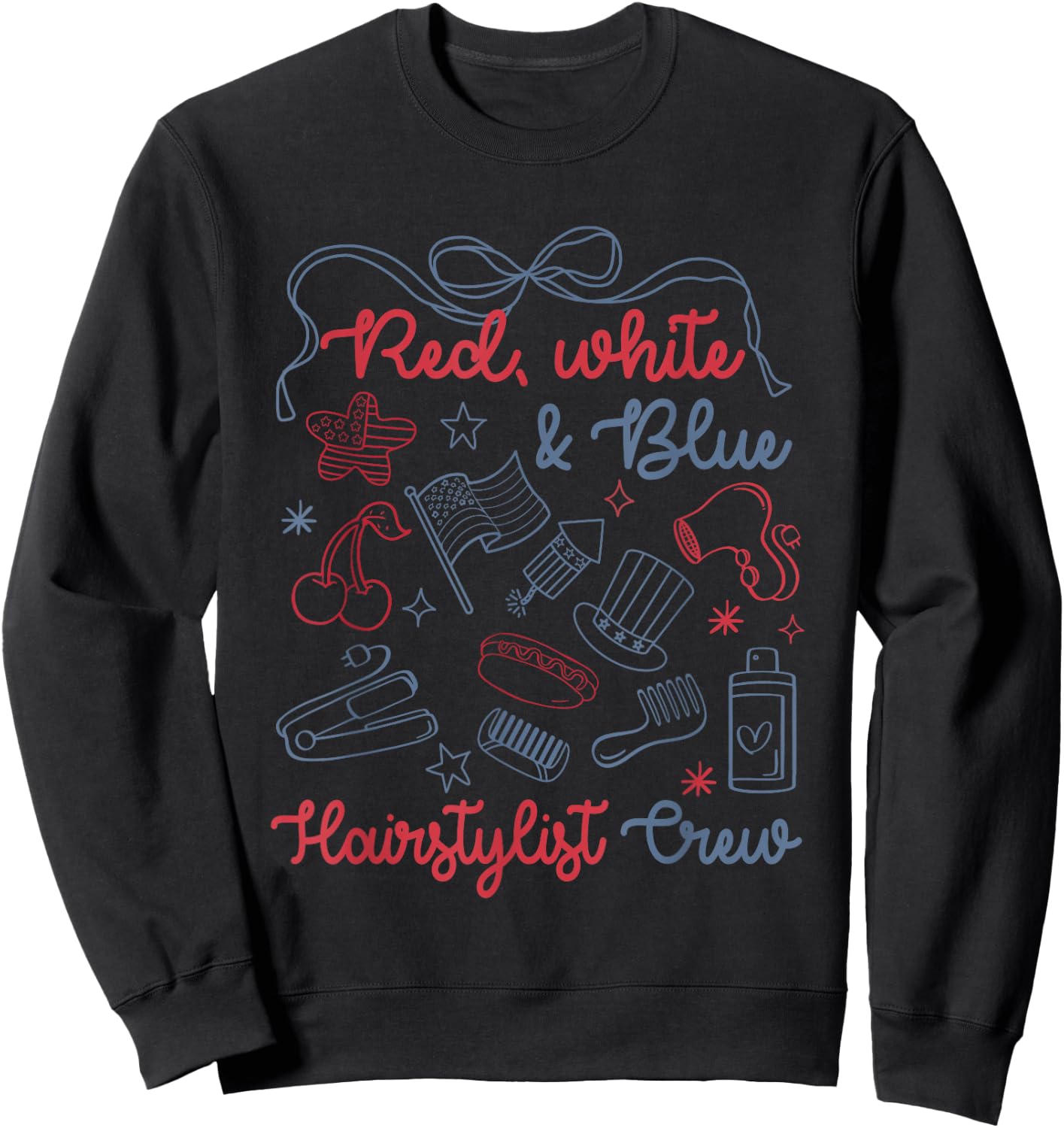 Red White & Blue Hairstylist Crew Bow Funny 4th of July Sweatshirt - Sweatshirt | Black