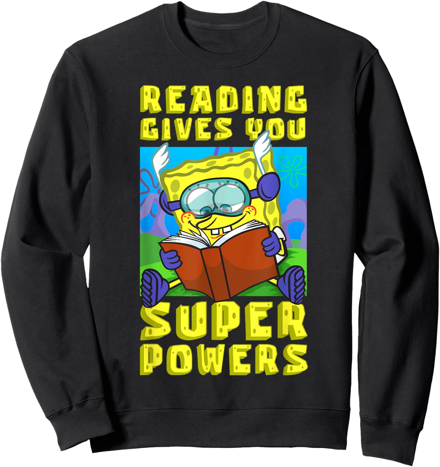 Mademark x SpongeBob SquarePants - SpongeBob Reading Gives You Super Powers Book Stories Reader Sweatshirt - Sweatshirt | Black
