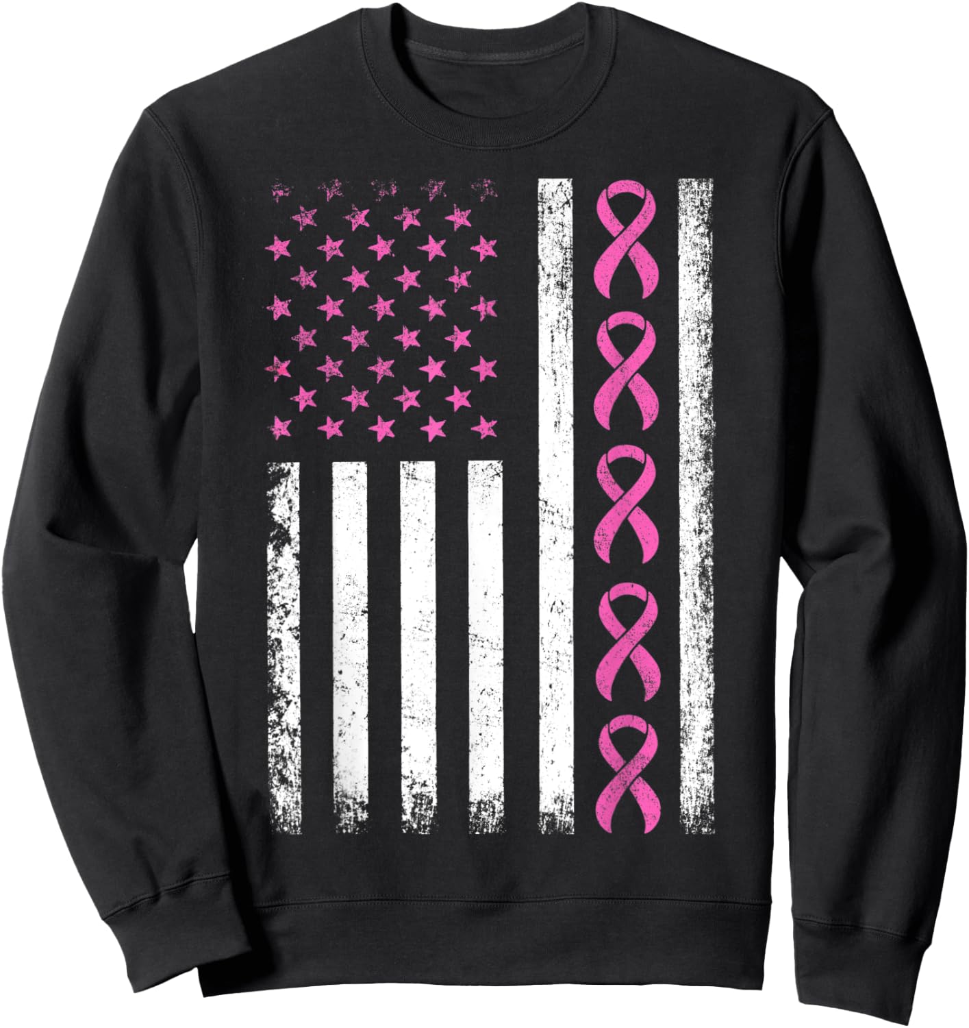 Breast Cancer Awareness American Flag Distressed Women Kids Men Sweatshirt - Sweatshirt | Black