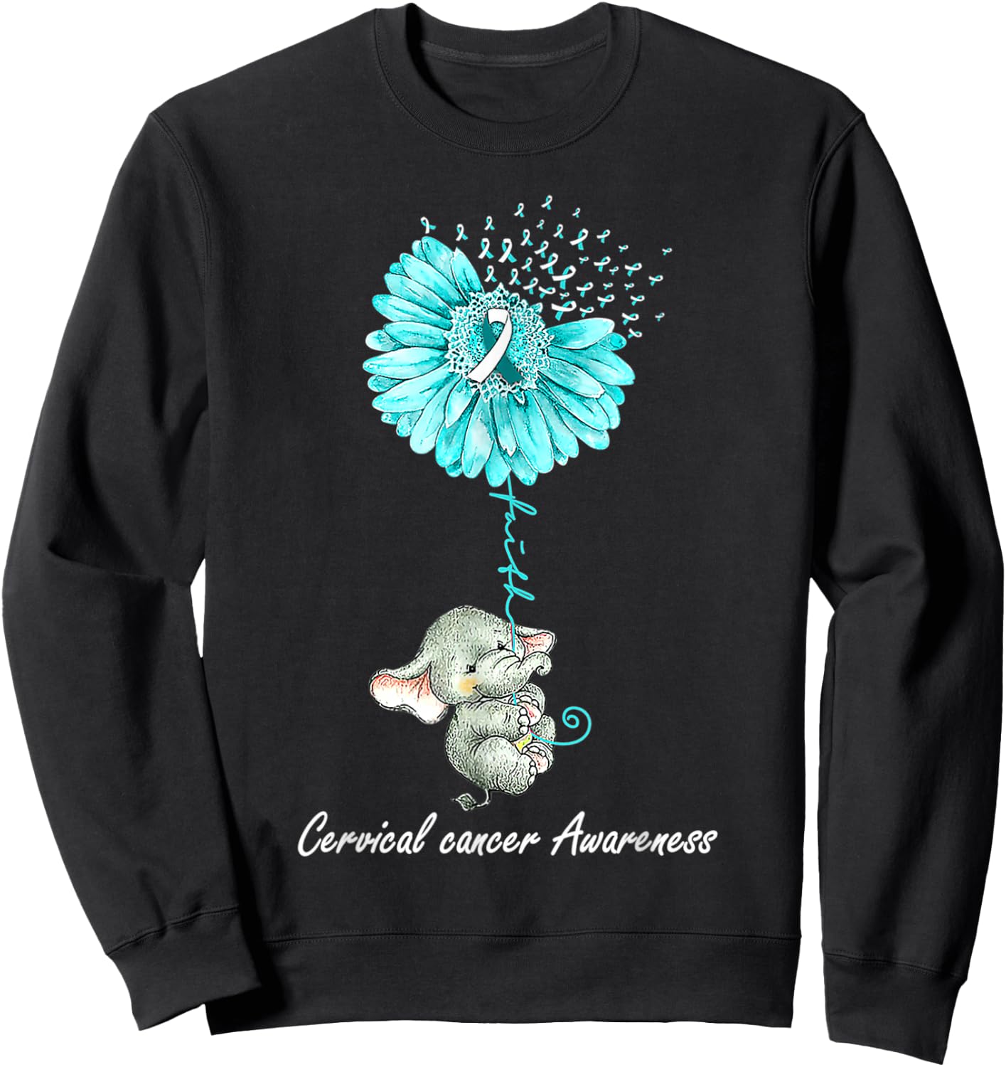 Teal Sunflower Elephant Cervical Cancer Awareness Gift Sweatshirt - Sweatshirt | Black