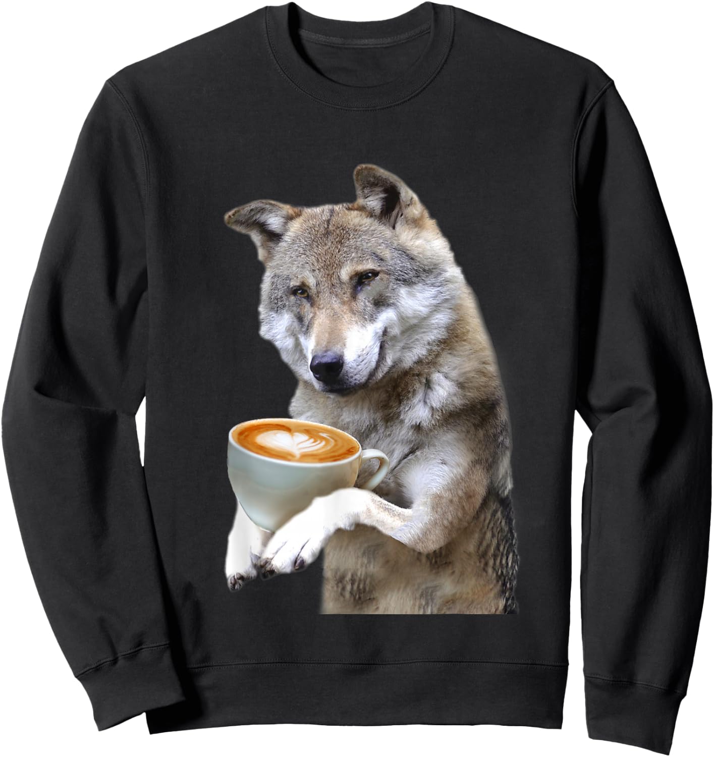 Brown Wolf Wolves Drink Coffee Smiling Funny Sweet Sweatshirt - Sweatshirt | Black