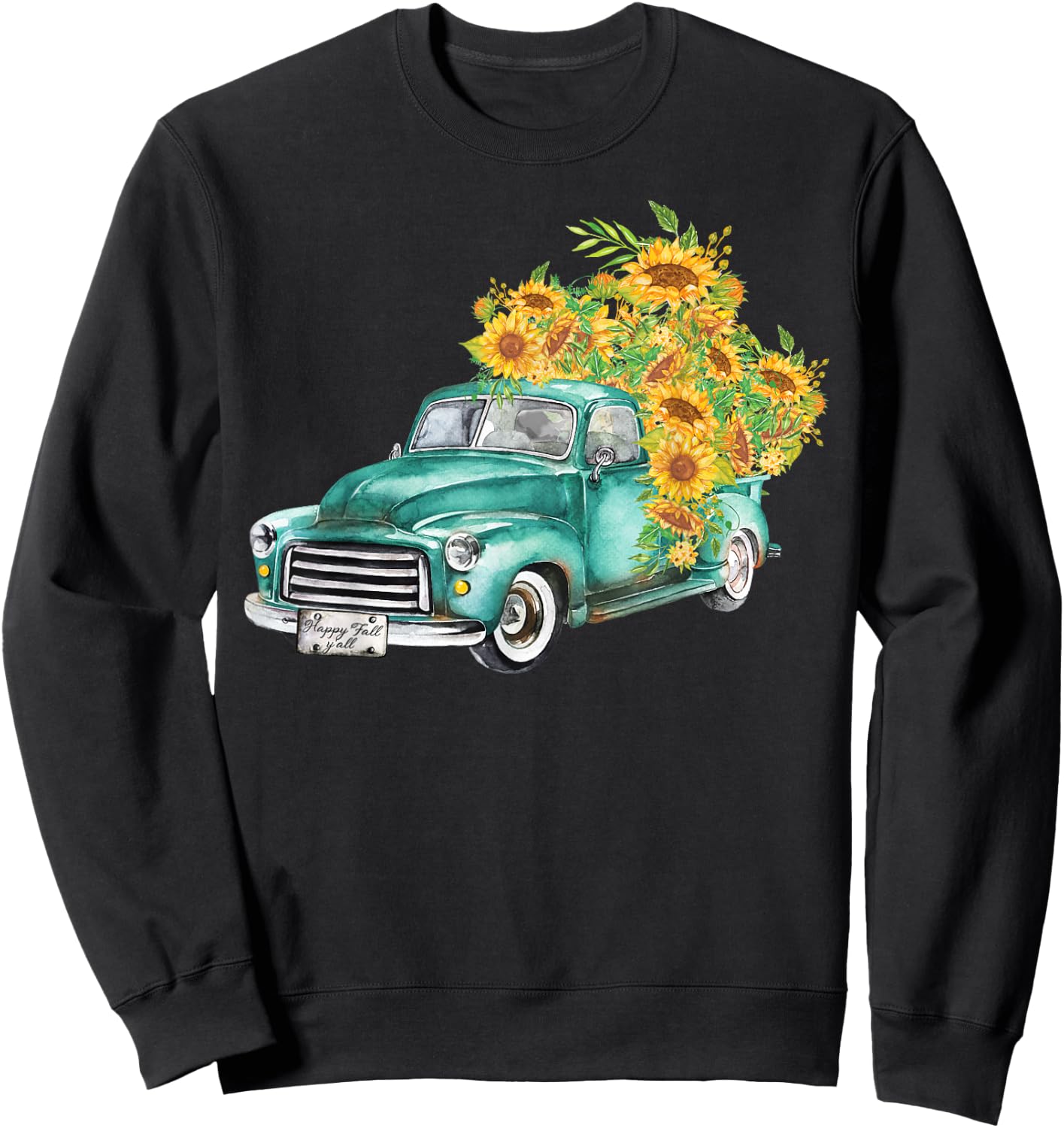 Vintage Truck Sunflowers Happy Fall Y'all Sweatshirt - Sweatshirt | Black