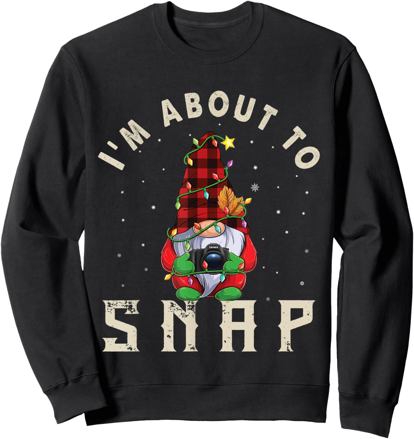 Gnome Photographer Christmas Lights Photography Funny Pajama Sweatshirt - Sweatshirt | Black
