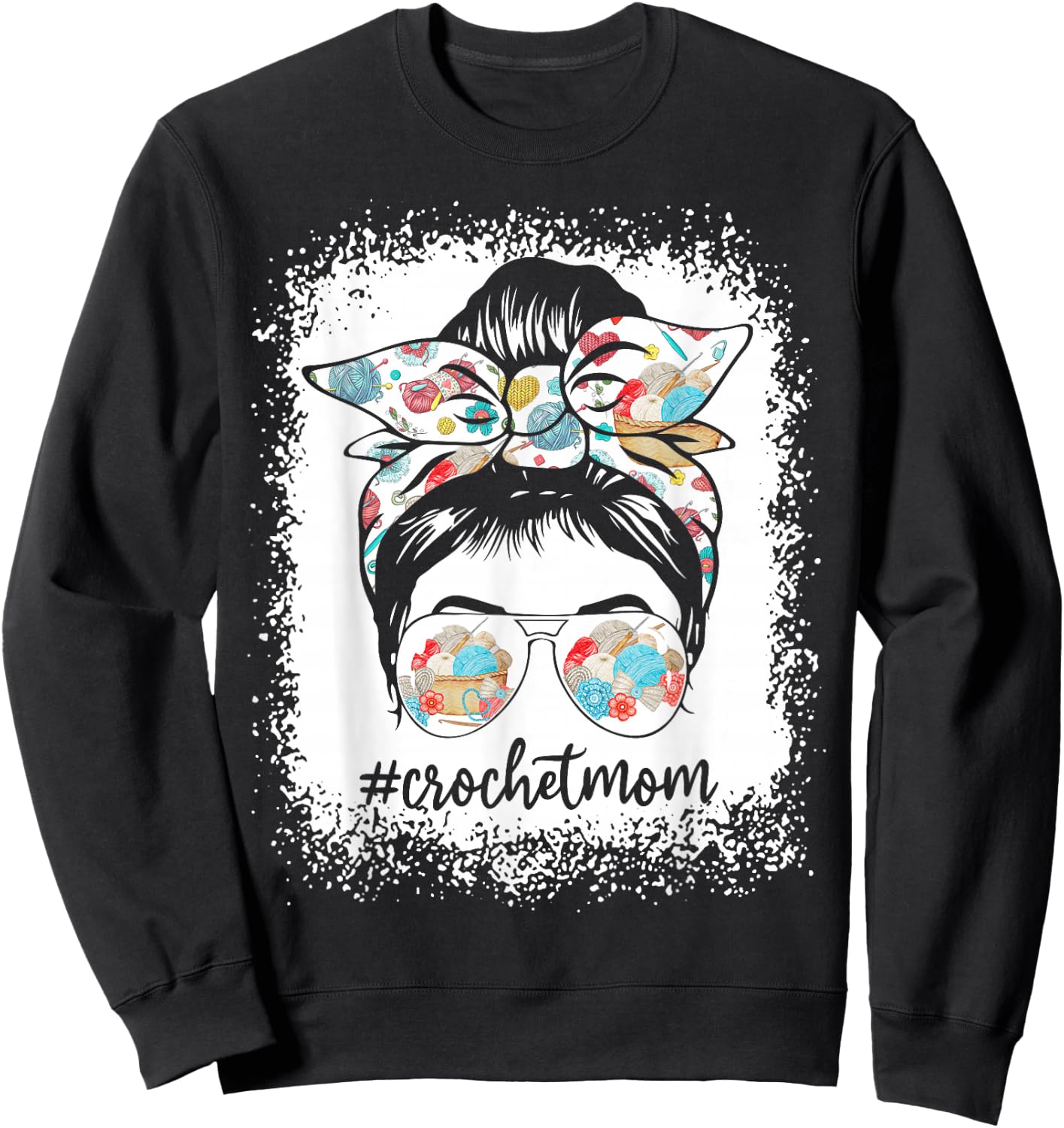 Women Bleached Crochet Mom Messy Bun Crochet Lover Sweatshirt - Sweatshirt | Black