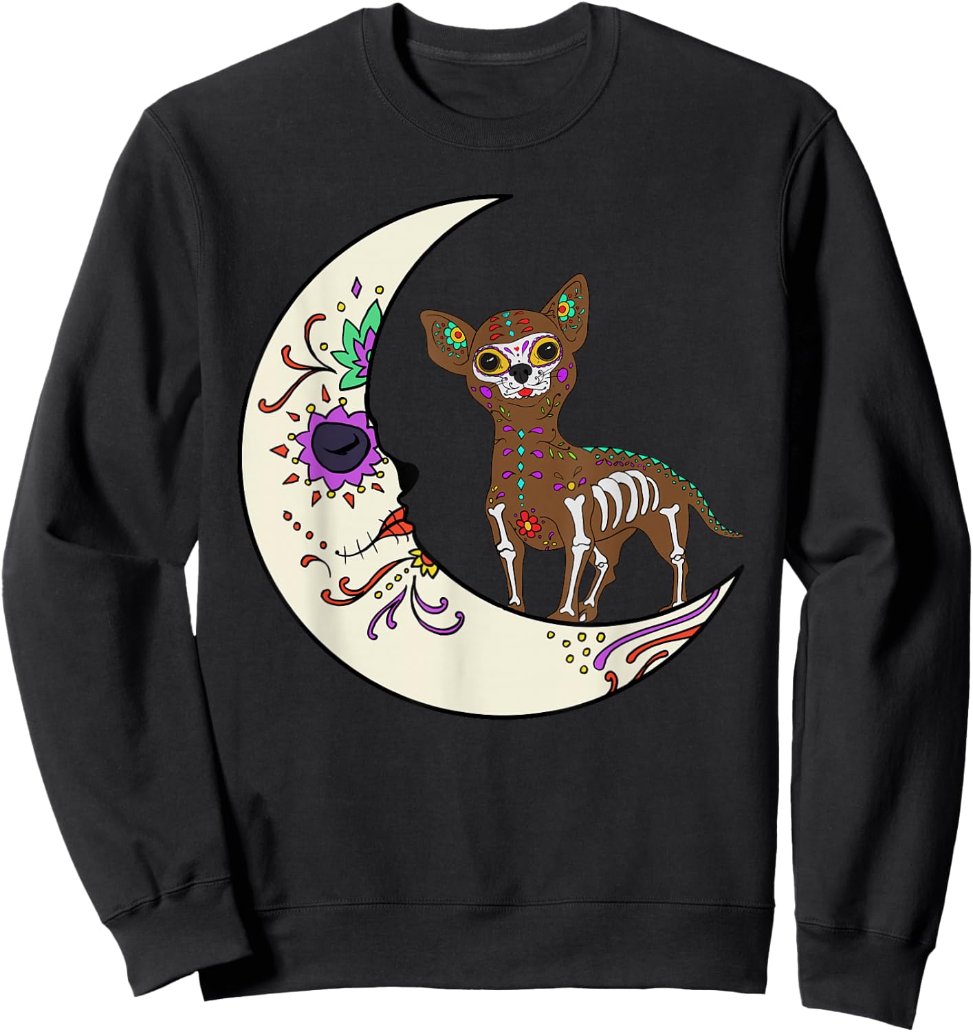 Day of Dead Chihuahua On Moon Dog Chihuahua Sugar Skull Women Kids Sweatshirt - Sweatshirt | Black