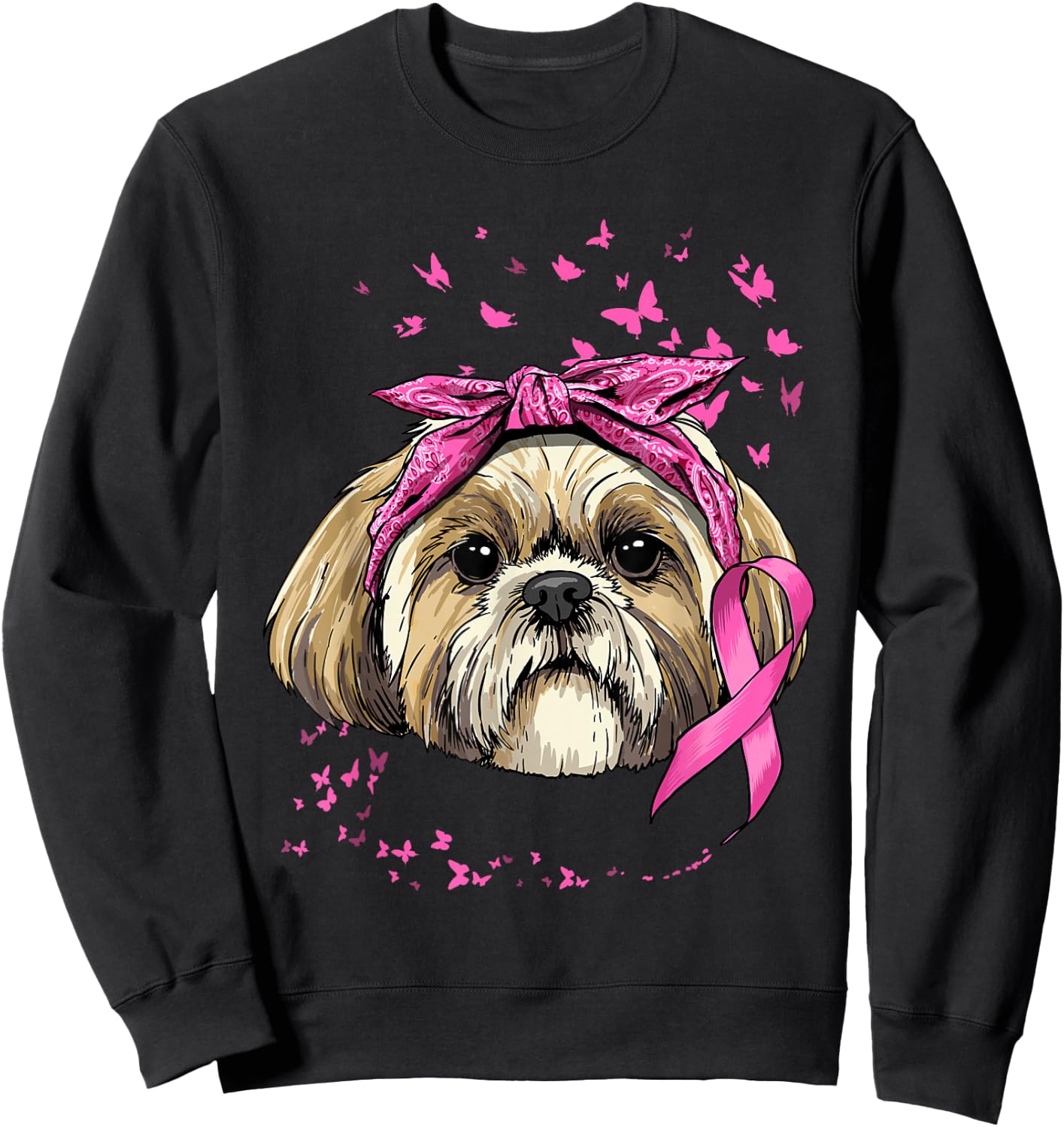 Breast Cancer Awareness Shih Tzu Dog Pink Ribbon Survivor Sweatshirt - Sweatshirt | Black