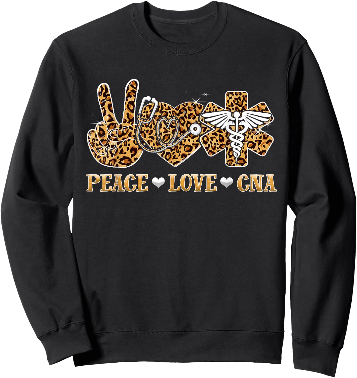 Peace Love Cna Nurse Life Leopard Print Stethoscope Heart Sweatshirt - Sweatshirt | Black