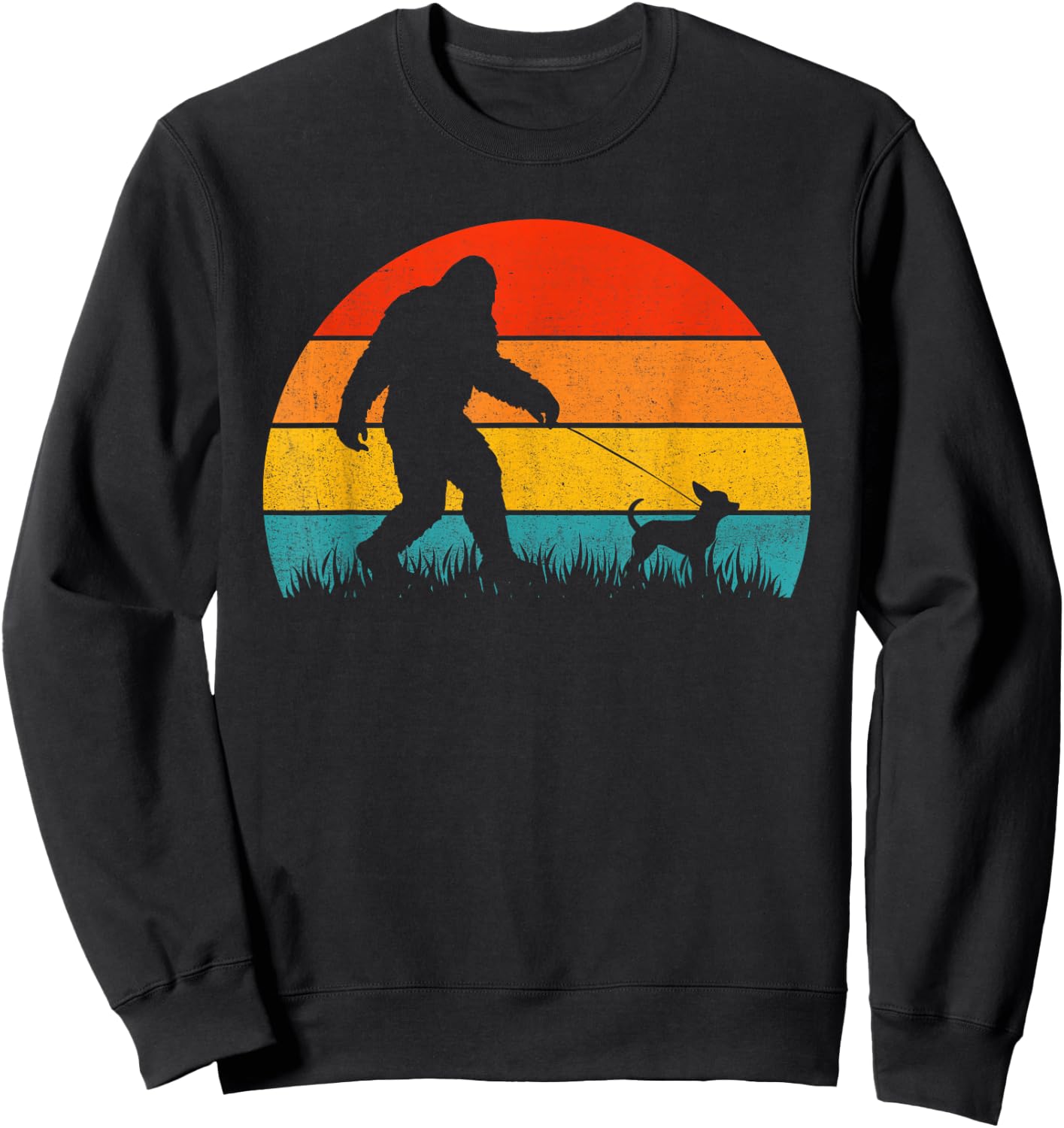Bigfoot Walking Retro Sunset Off Sasquatch & Chihuahua Dog Sweatshirt - Sweatshirt | Black