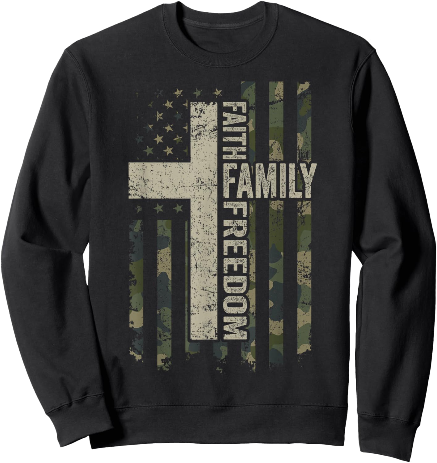 Faith Family & Freedom - Patriotic Christian Camo USA Flag Sweatshirt - Sweatshirt | Black