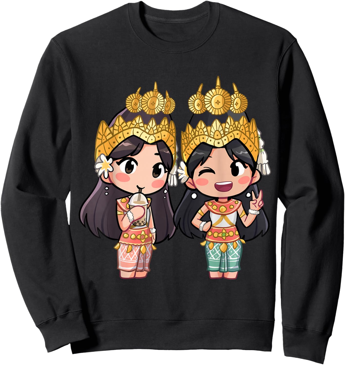 Cute Chibi Style Cambodian Khmer Apsara BFF Sweatshirt - Sweatshirt | Black