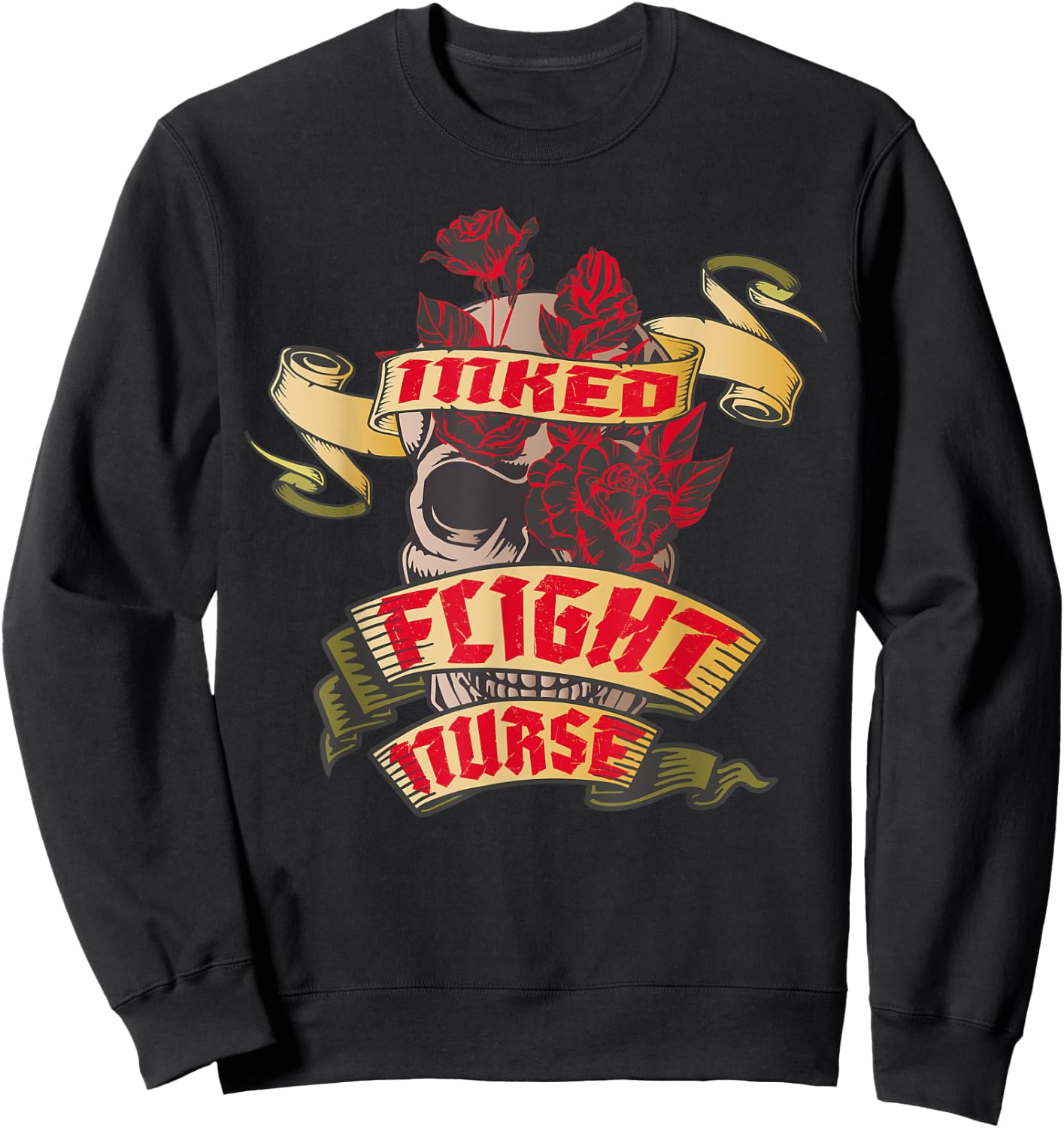 Flight Nurse Inked Skull & Red Roses Tattoo Sweatshirt - Sweatshirt | Black