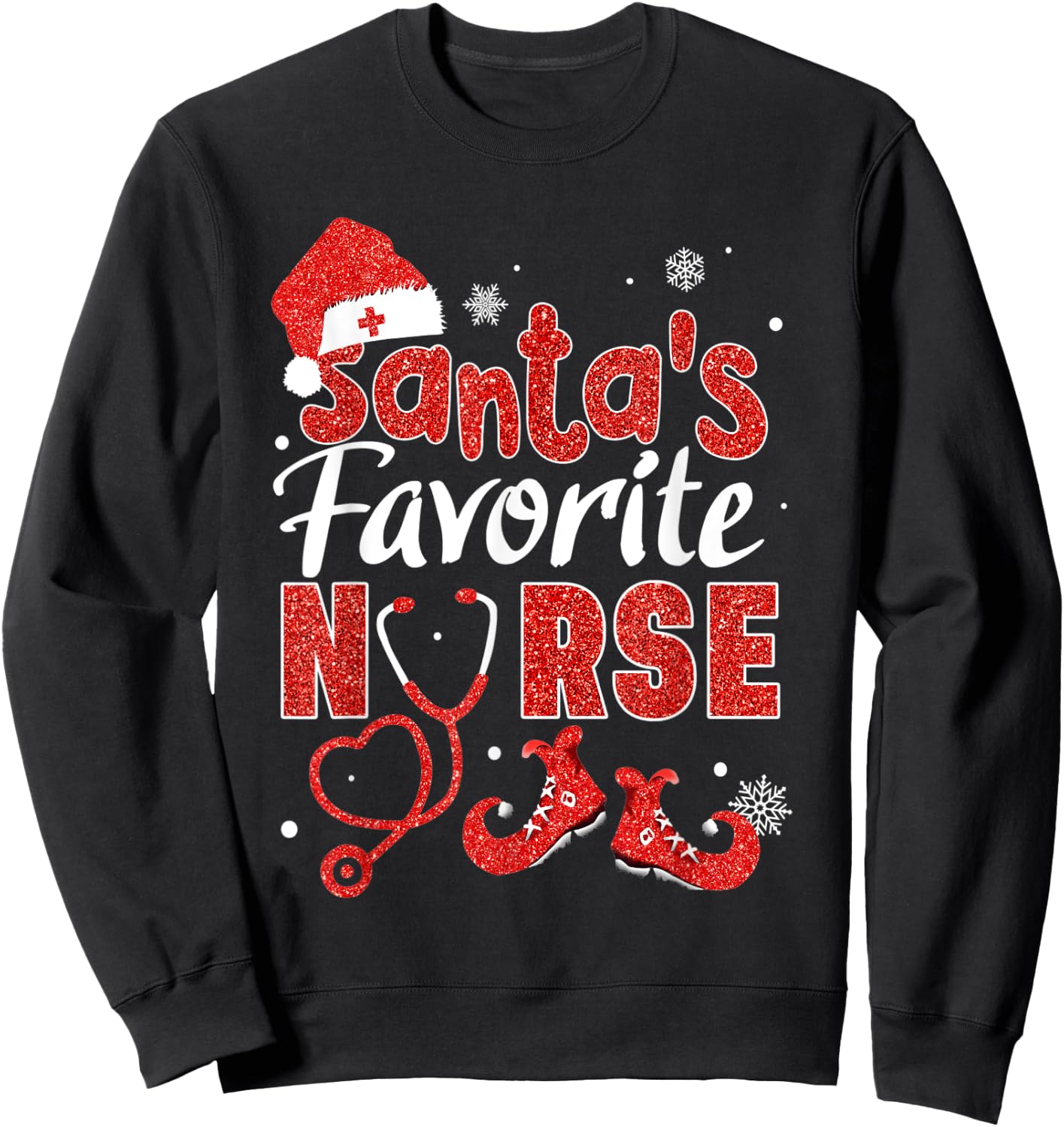 Santa's Favorite Nurse Red Glitter Christmas Pajamas Xmas Sweatshirt - Sweatshirt | Black