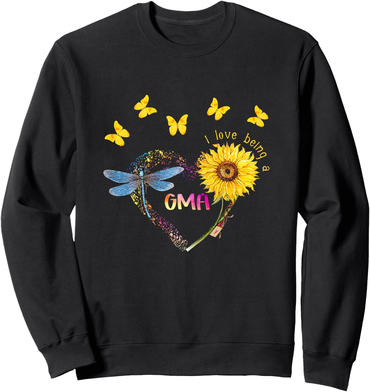 Personalized I Love Being Gma Sunflower Dragonfly Sweatshirt - Sweatshirt | Black