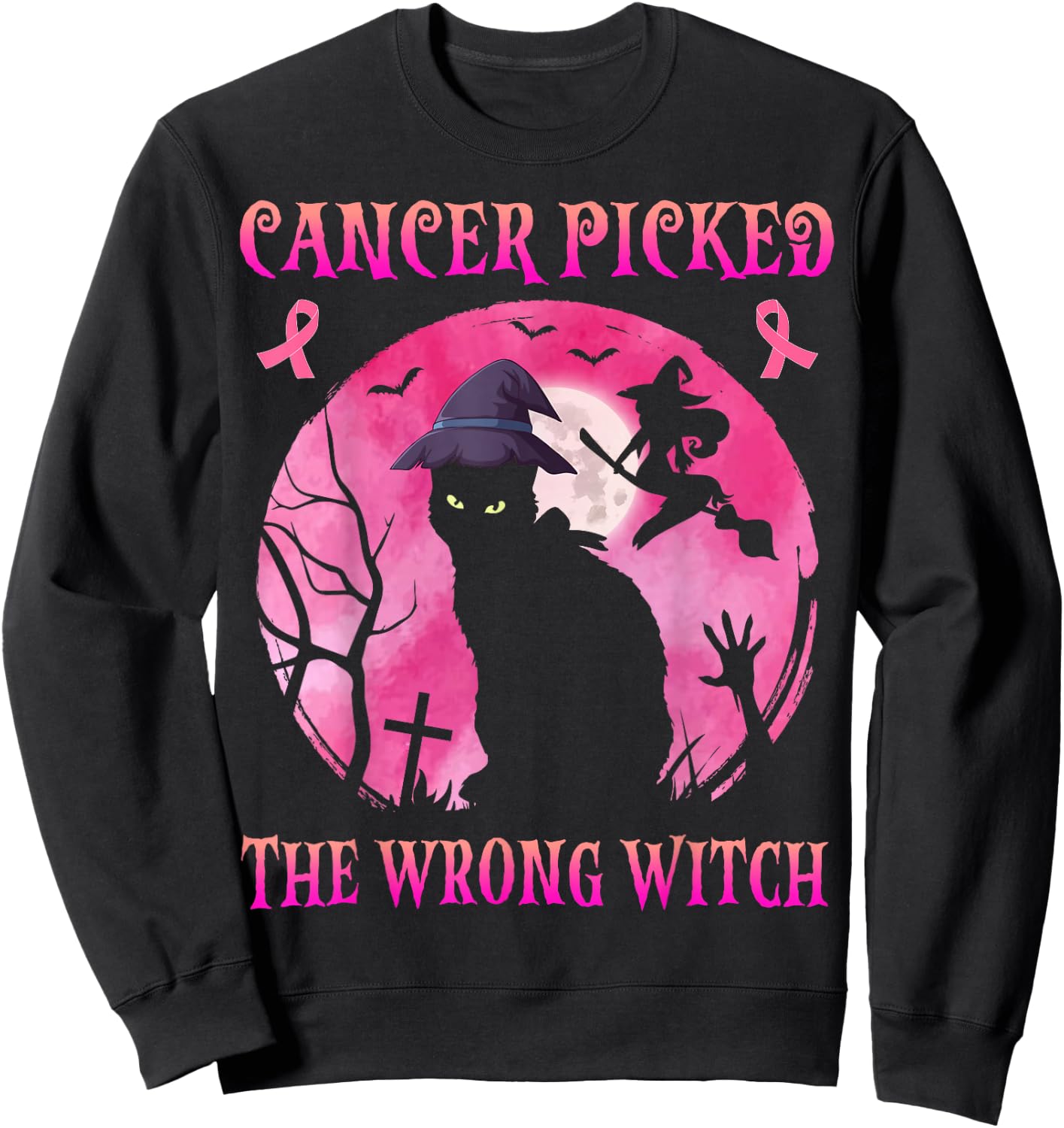 Cancer Picked The Wrong Witch Breast Cancer Halloween Cat Sweatshirt - Sweatshirt | Black