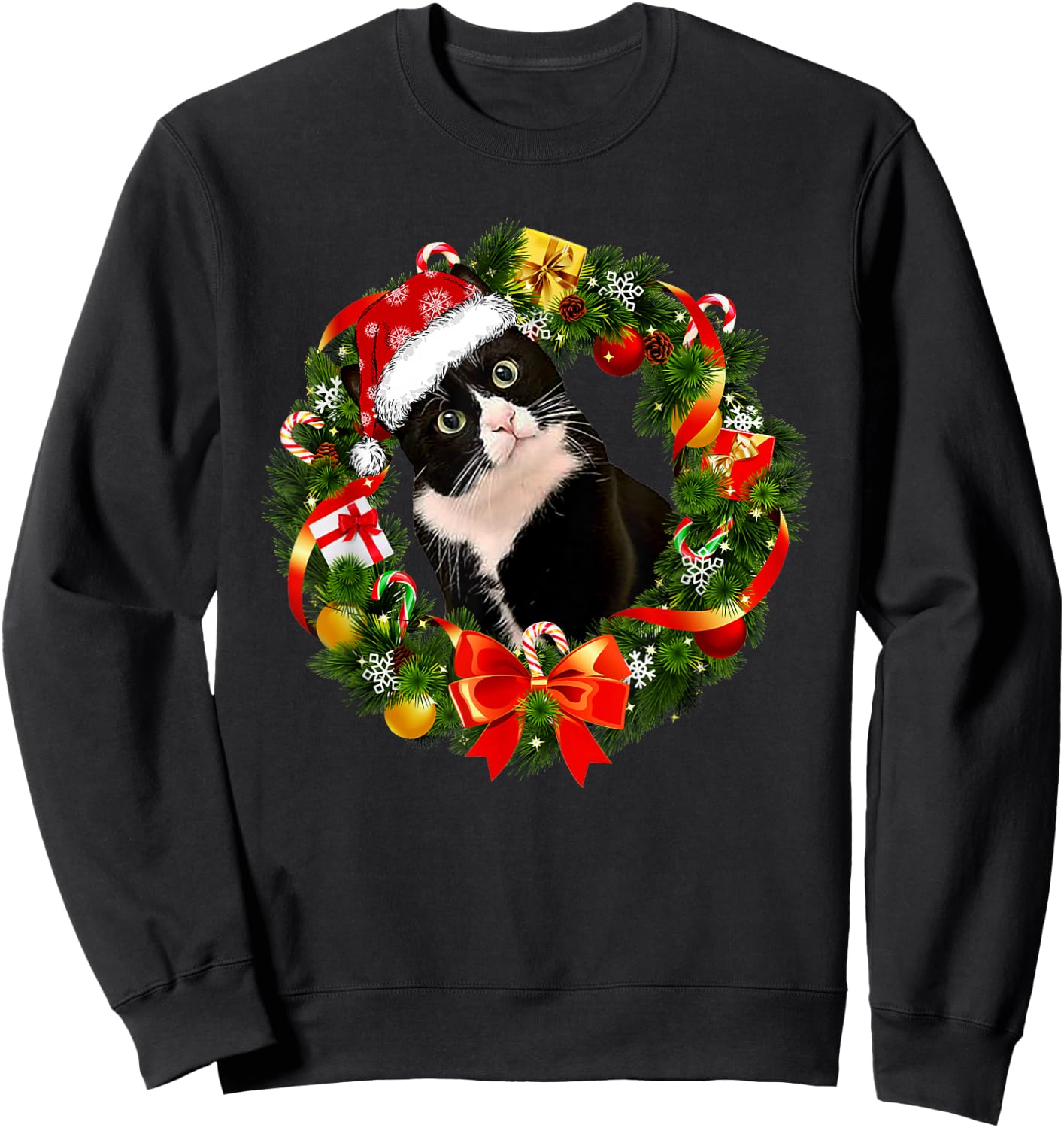 Funny Tuxedo Cat Christmas Wreath Ornament Sweatshirt - Sweatshirt | Black
