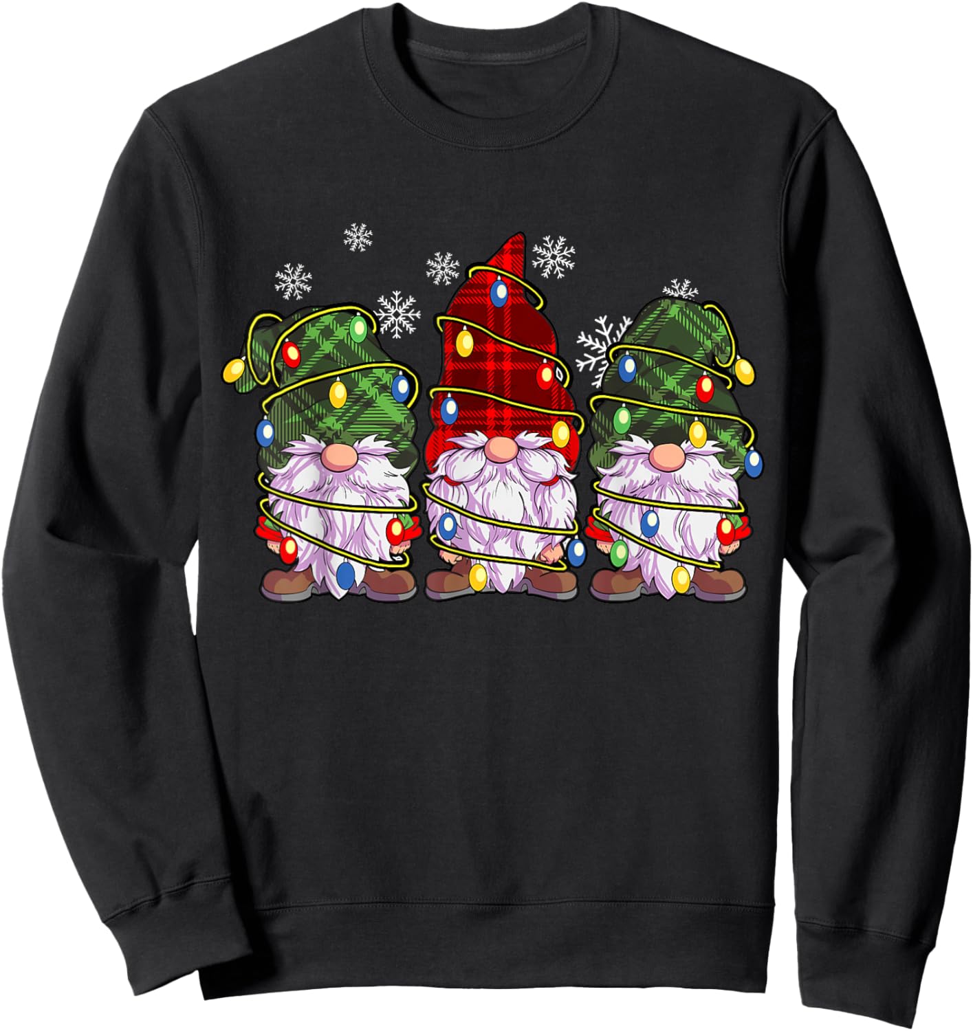 Three Gnomes Men Women Buffalo Plaid Red Christmas Sweatshirt - Sweatshirt | Black