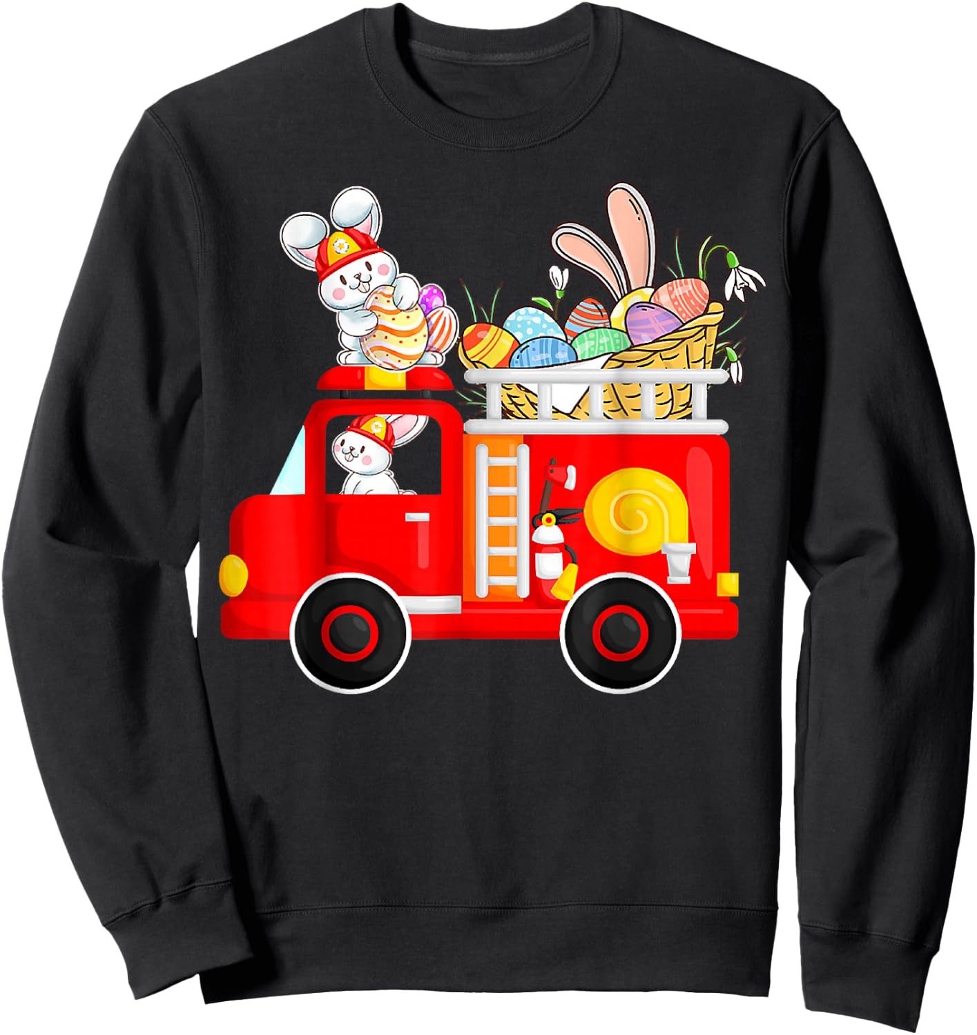 Bunny Riding Firetruck Easter Day Firefighter Happy Easter Sweatshirt - Sweatshirt | Black