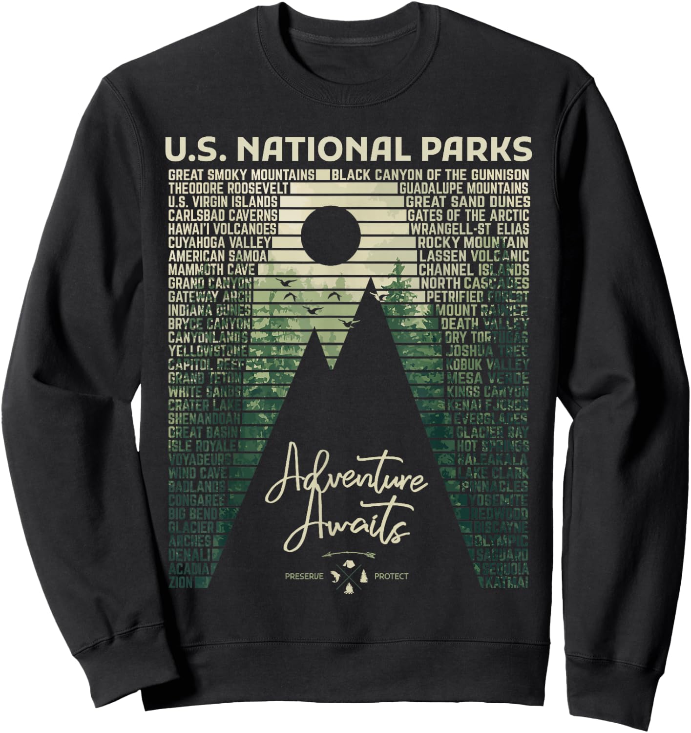 National Parks List US Park Vintage Camping Hiking Men Women Sweatshirt - Sweatshirt | Black