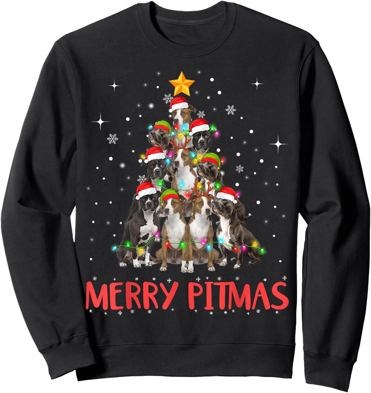 Merry Pitmas Pitbull Dog Ugly Christmas Sweater Tree Dogs Sweatshirt - Sweatshirt | Black