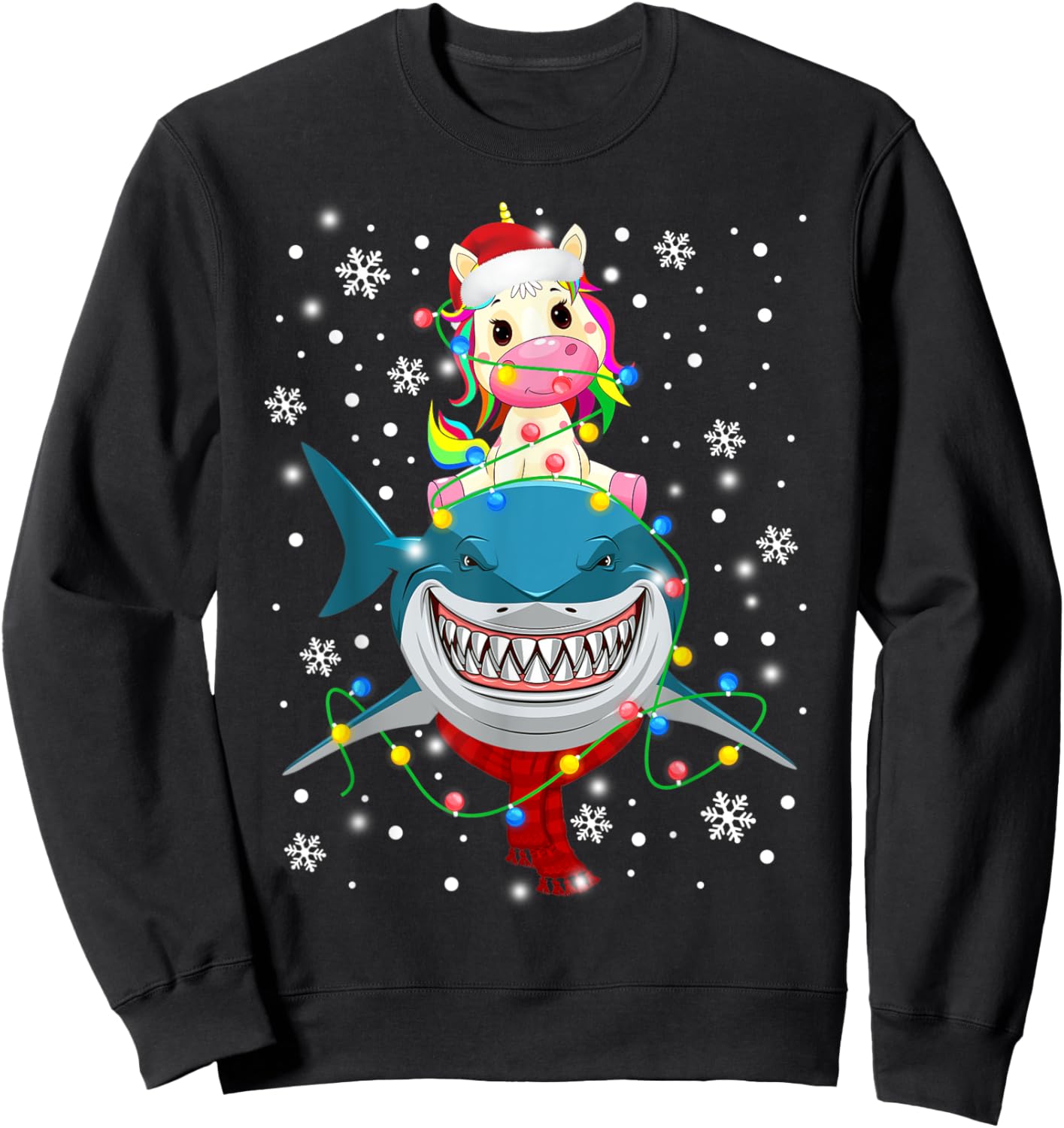 Unicorn Riding Shark Christmas Lights Gift Kids Boy Girl Sweatshirt - Sweatshirt | Black